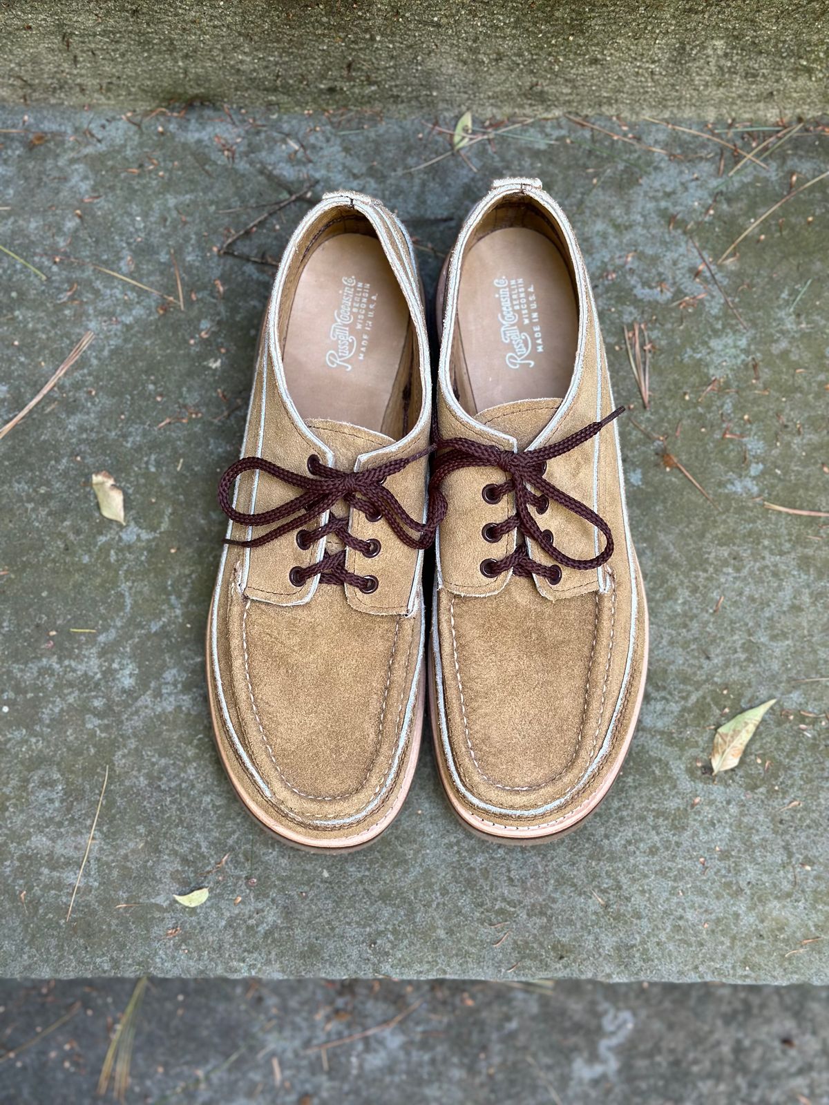 Photo by stitchdown on October 3, 2023 of the Russell Moccasin Co. Fishing Oxford in Tan Laramie Suede.