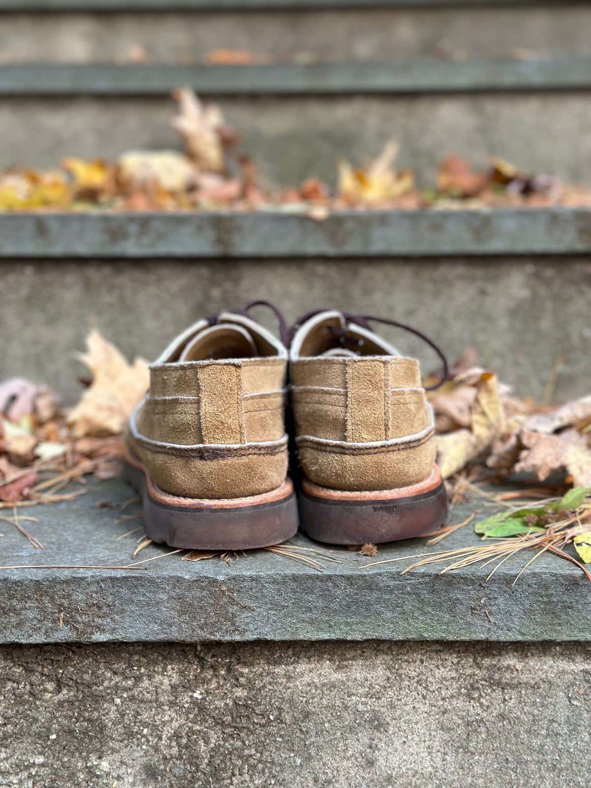Photo by stitchdown on November 8, 2023 of the Russell Moccasin Co. Fishing Oxford in Tan Laramie Suede.