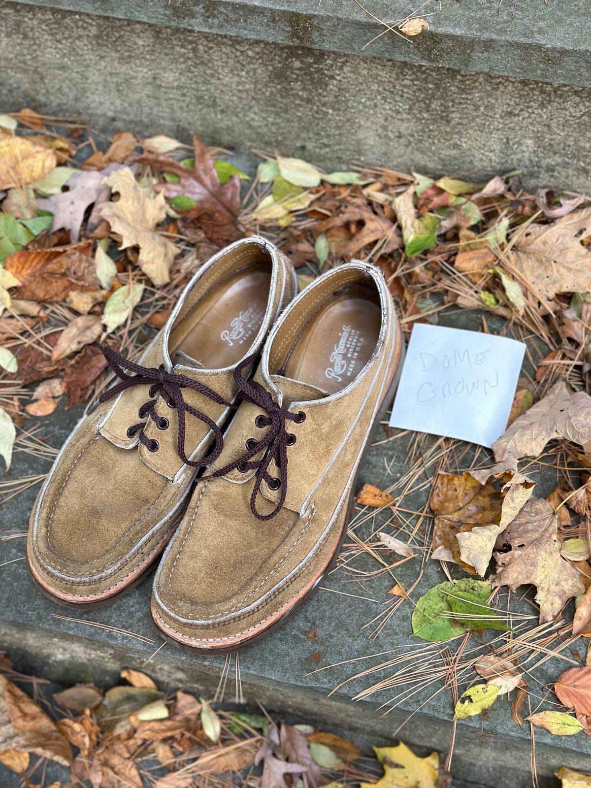 Photo by stitchdown on November 8, 2023 of the Russell Moccasin Co. Fishing Oxford in Tan Laramie Suede.