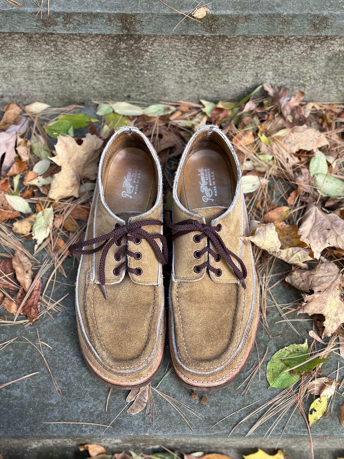Photo by stitchdown on November 8, 2023 of the Russell Moccasin Co. Fishing Oxford in Tan Laramie Suede.