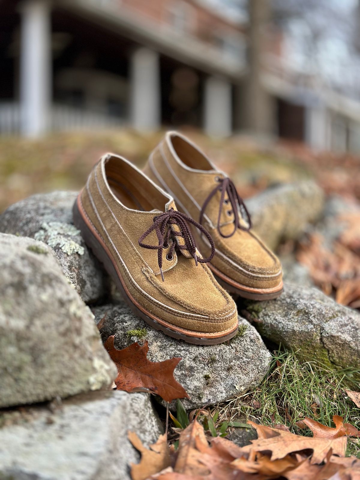 Photo by stitchdown on December 5, 2023 of the Russell Moccasin Co. Fishing Oxford in Tan Laramie Suede.