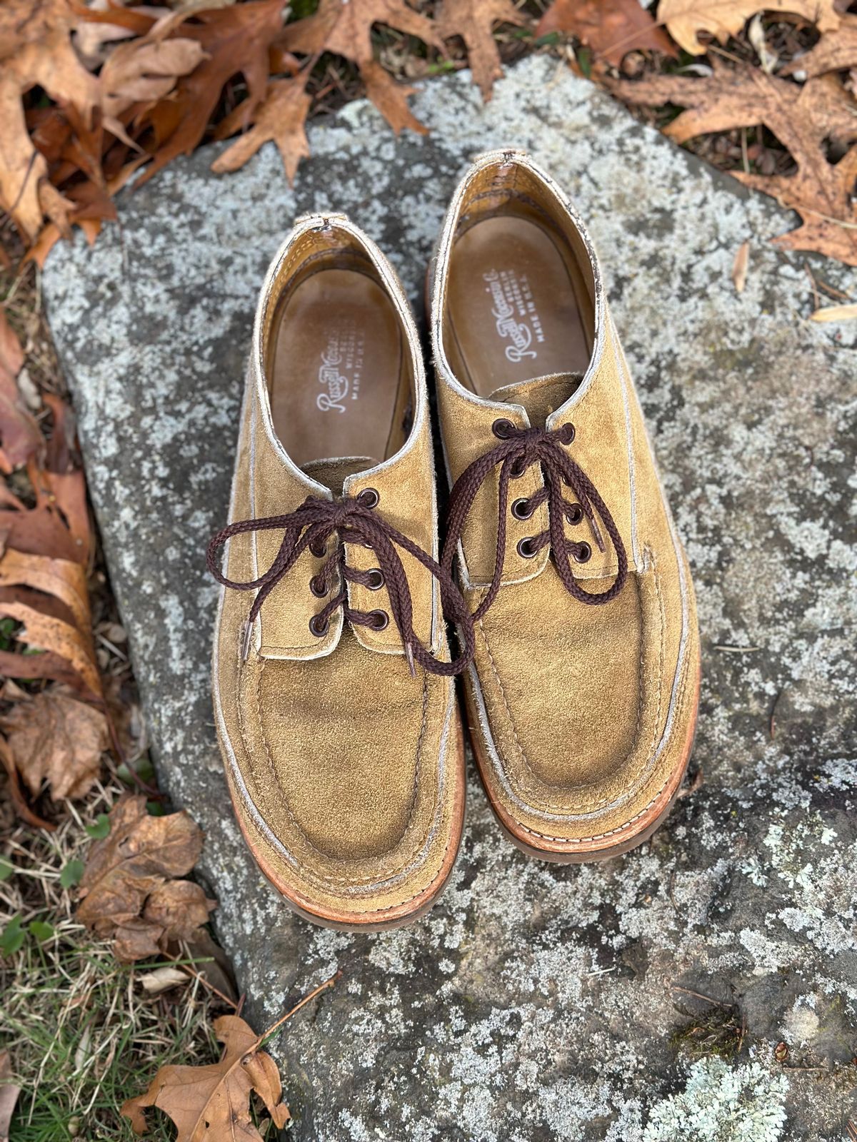 Photo by stitchdown on December 5, 2023 of the Russell Moccasin Co. Fishing Oxford in Tan Laramie Suede.