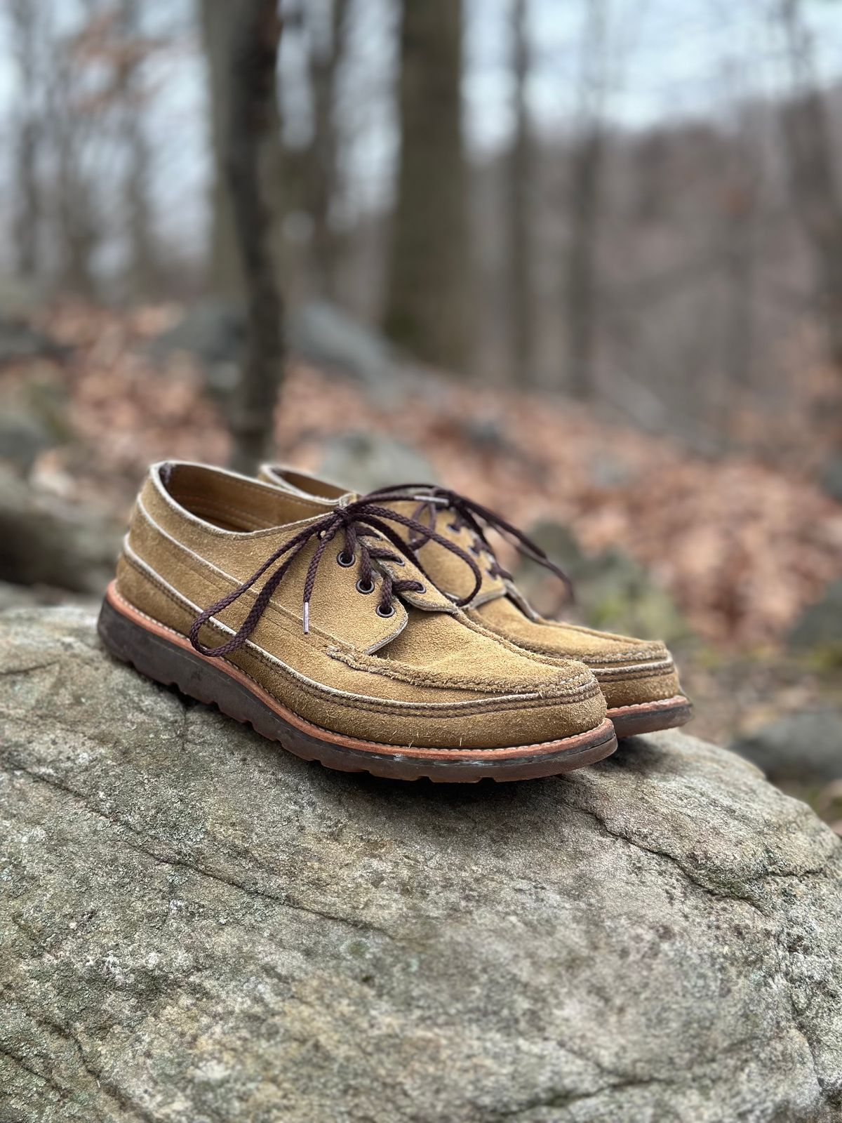 Photo by stitchdown on February 1, 2024 of the Russell Moccasin Co. Fishing Oxford in Tan Laramie Suede.