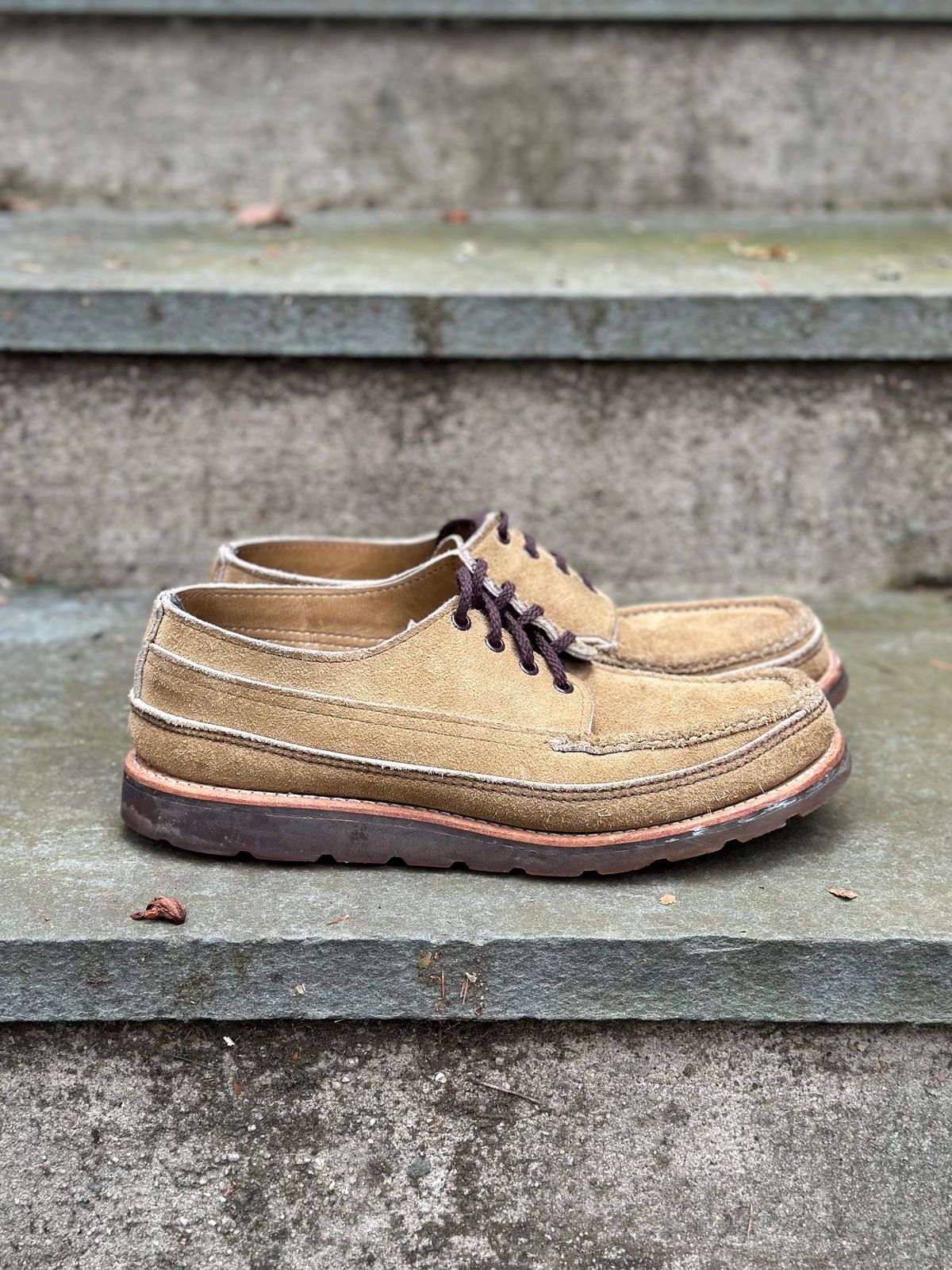 Photo by stitchdown on February 1, 2024 of the Russell Moccasin Co. Fishing Oxford in Tan Laramie Suede.