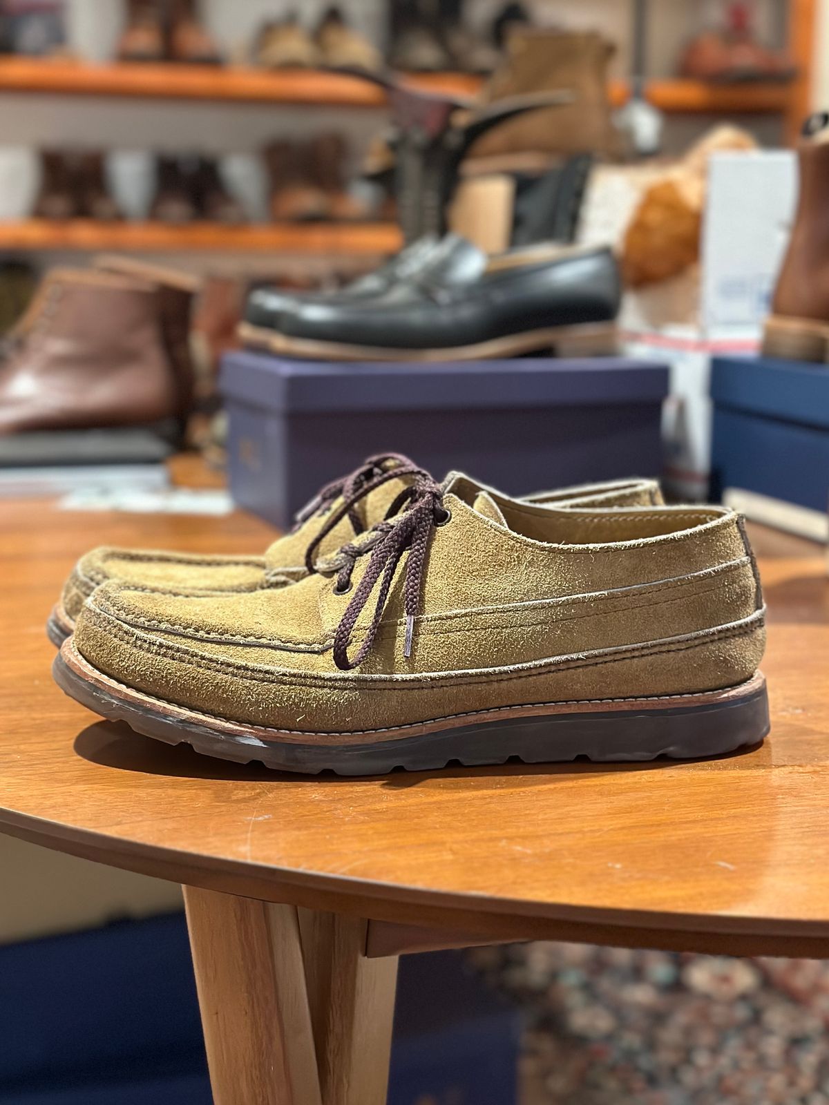 Photo by stitchdown on March 5, 2024 of the Russell Moccasin Co. Fishing Oxford in Tan Laramie Suede.