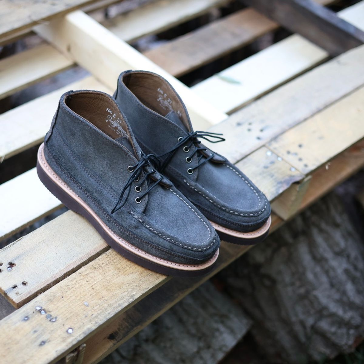 Photo by stitchdown on October 3, 2025 of the Russell Moccasin Co. Sporting Clays Chukka in Horween Marine Field Roughout.