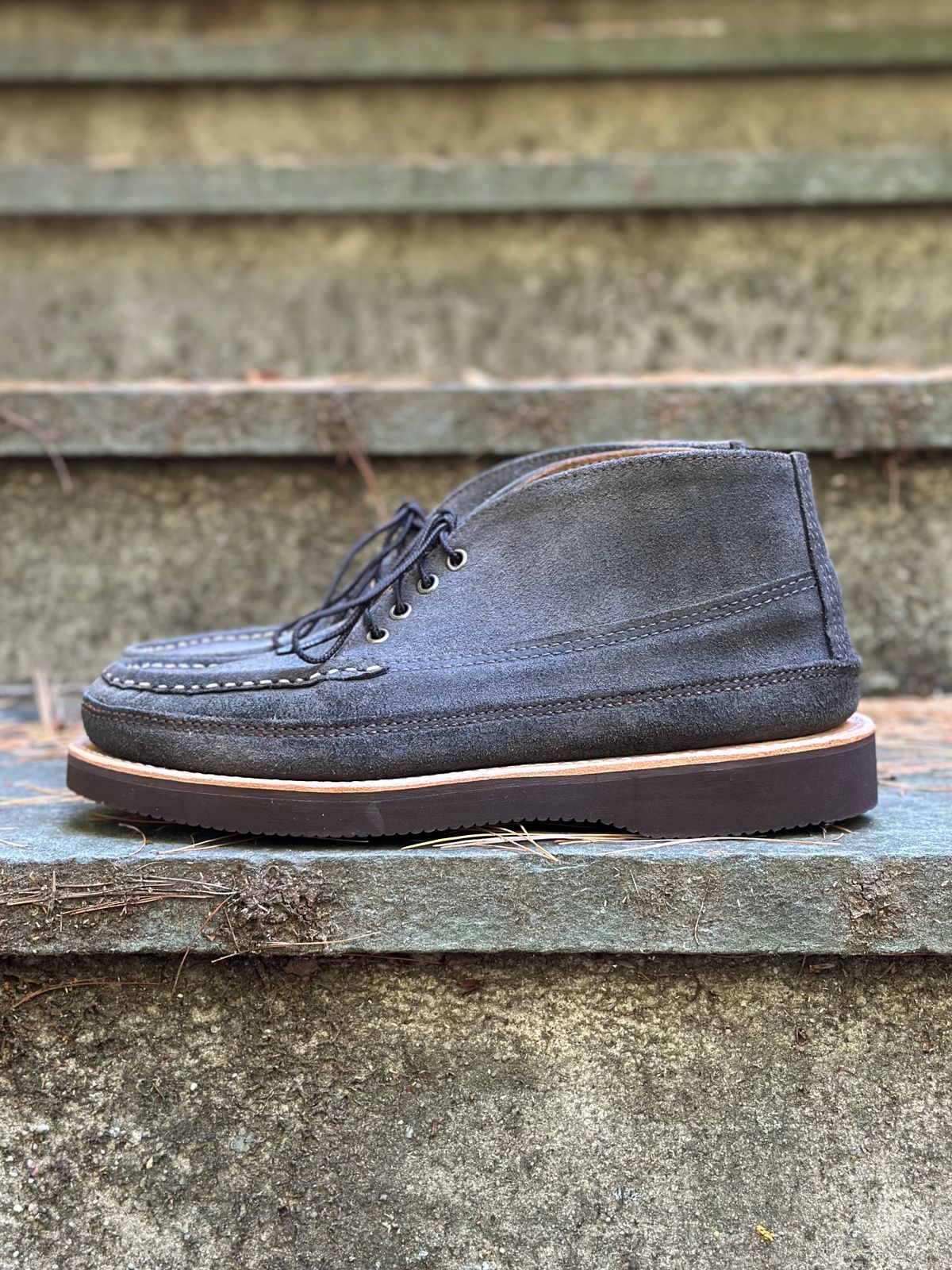 Photo by stitchdown on October 3, 2025 of the Russell Moccasin Co. Sporting Clays Chukka in Horween Marine Field Roughout.