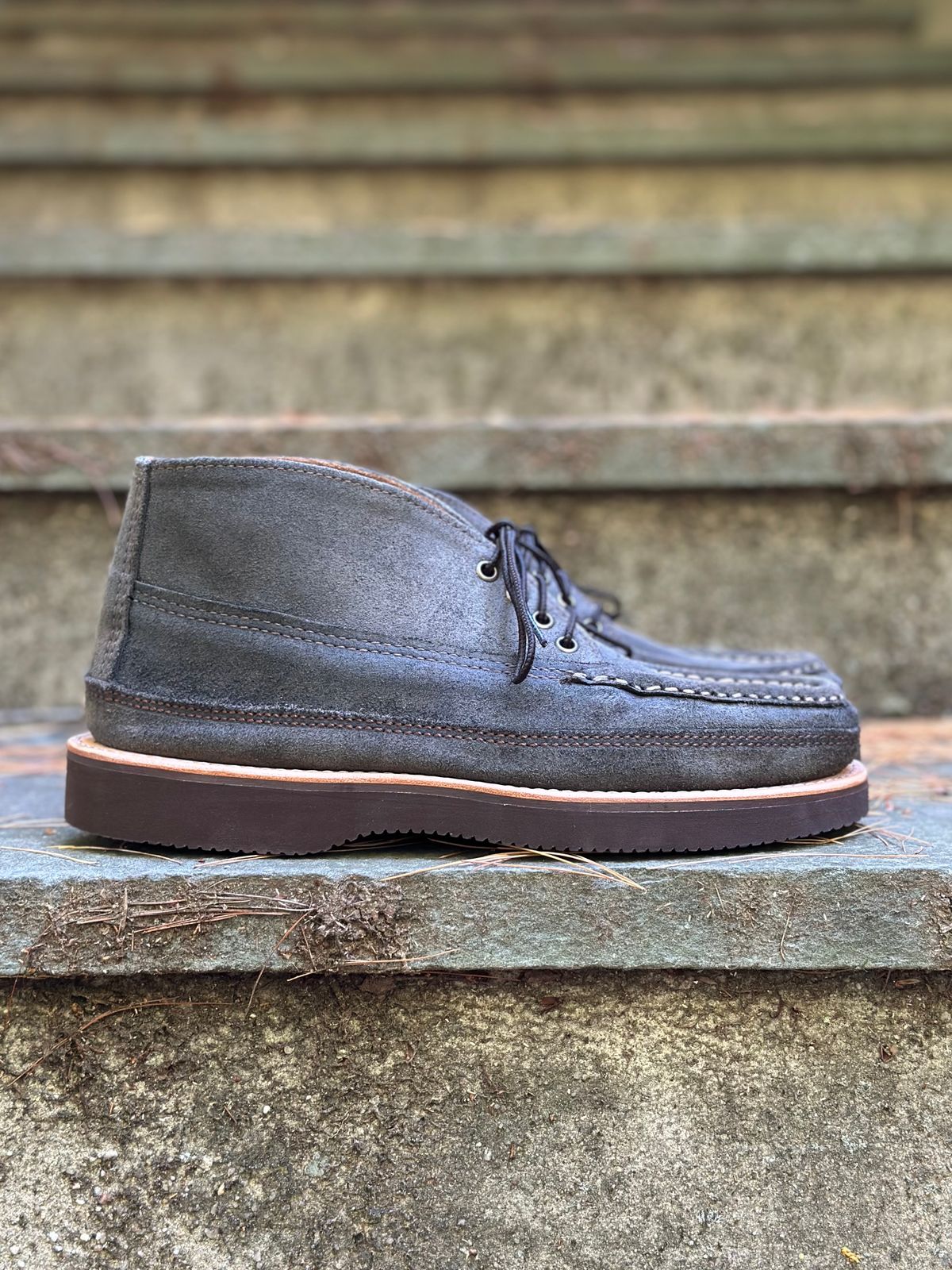 Photo by stitchdown on October 3, 2025 of the Russell Moccasin Co. Sporting Clays Chukka in Horween Marine Field Roughout.