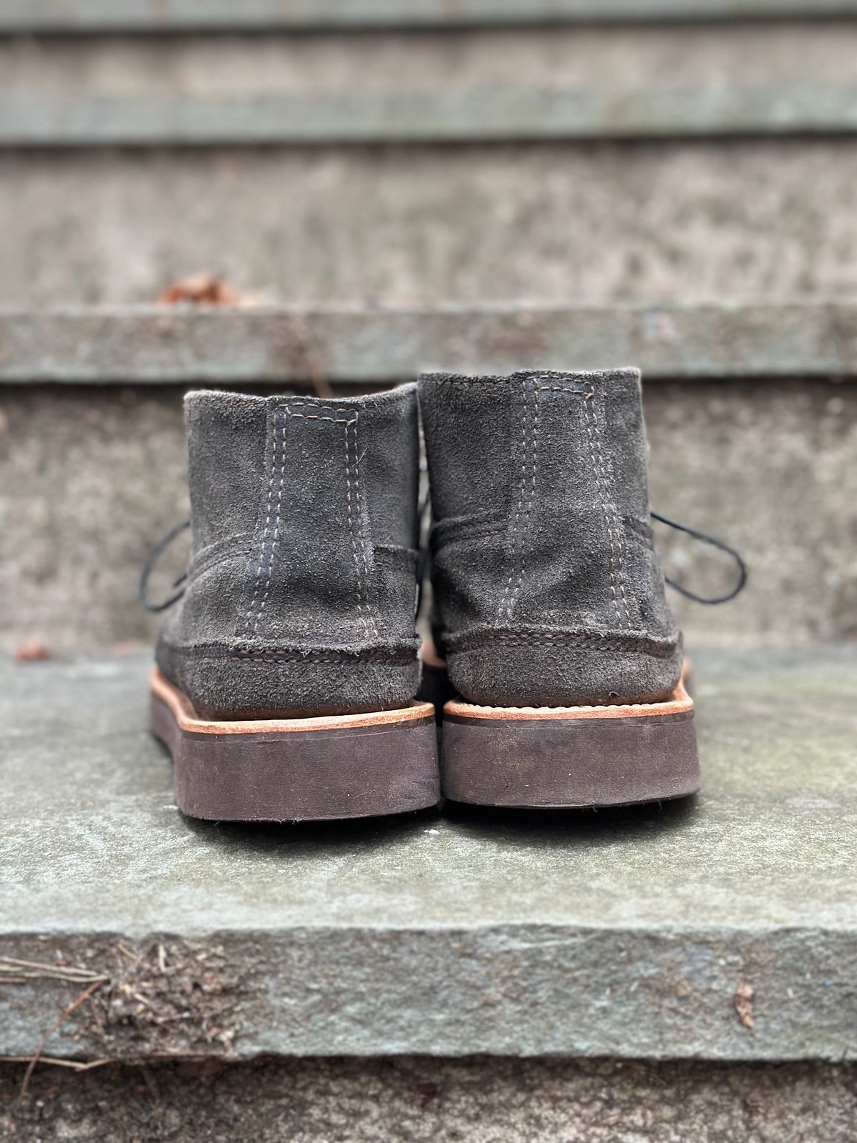 Photo by stitchdown on December 5, 2025 of the Russell Moccasin Co. Sporting Clays Chukka in Horween Marine Field Roughout.