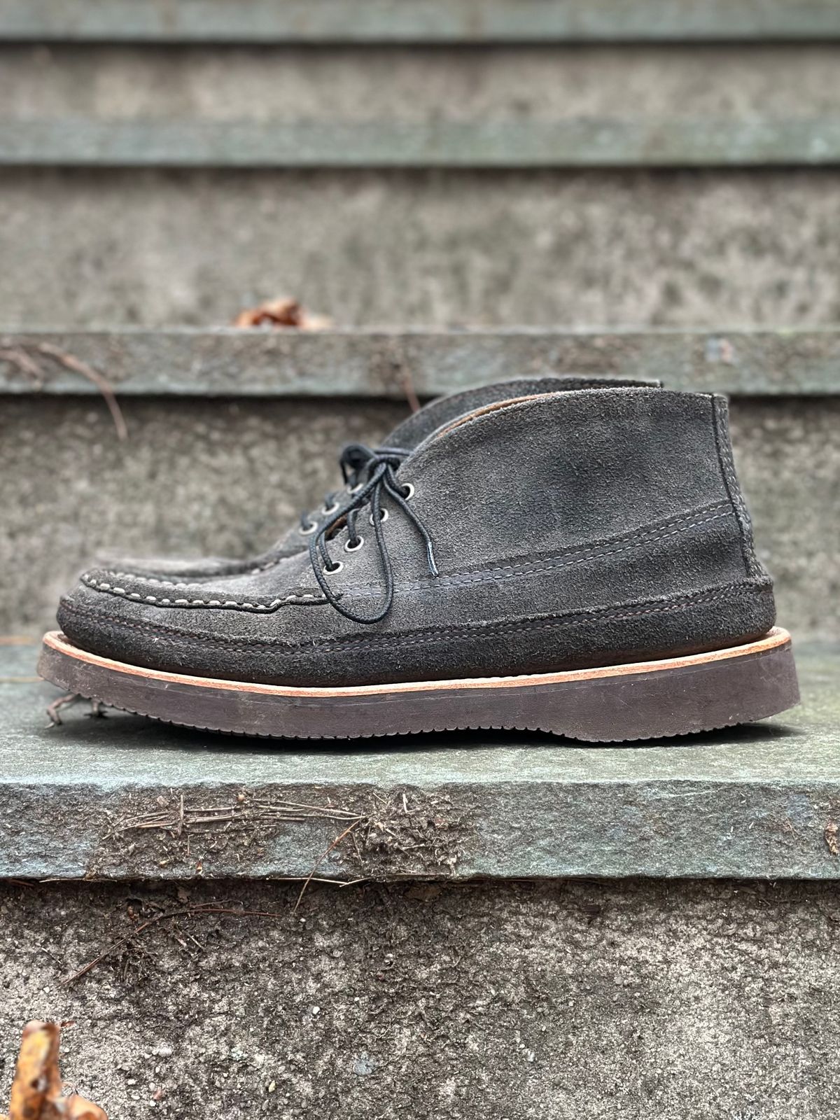 Photo by stitchdown on December 5, 2025 of the Russell Moccasin Co. Sporting Clays Chukka in Horween Marine Field Roughout.