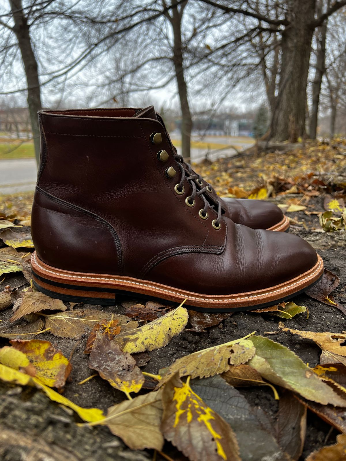 Photo by josiahmayo on November 6, 2022 of the Grant Stone Diesel Boot in Horween Crimson Chromexcel.