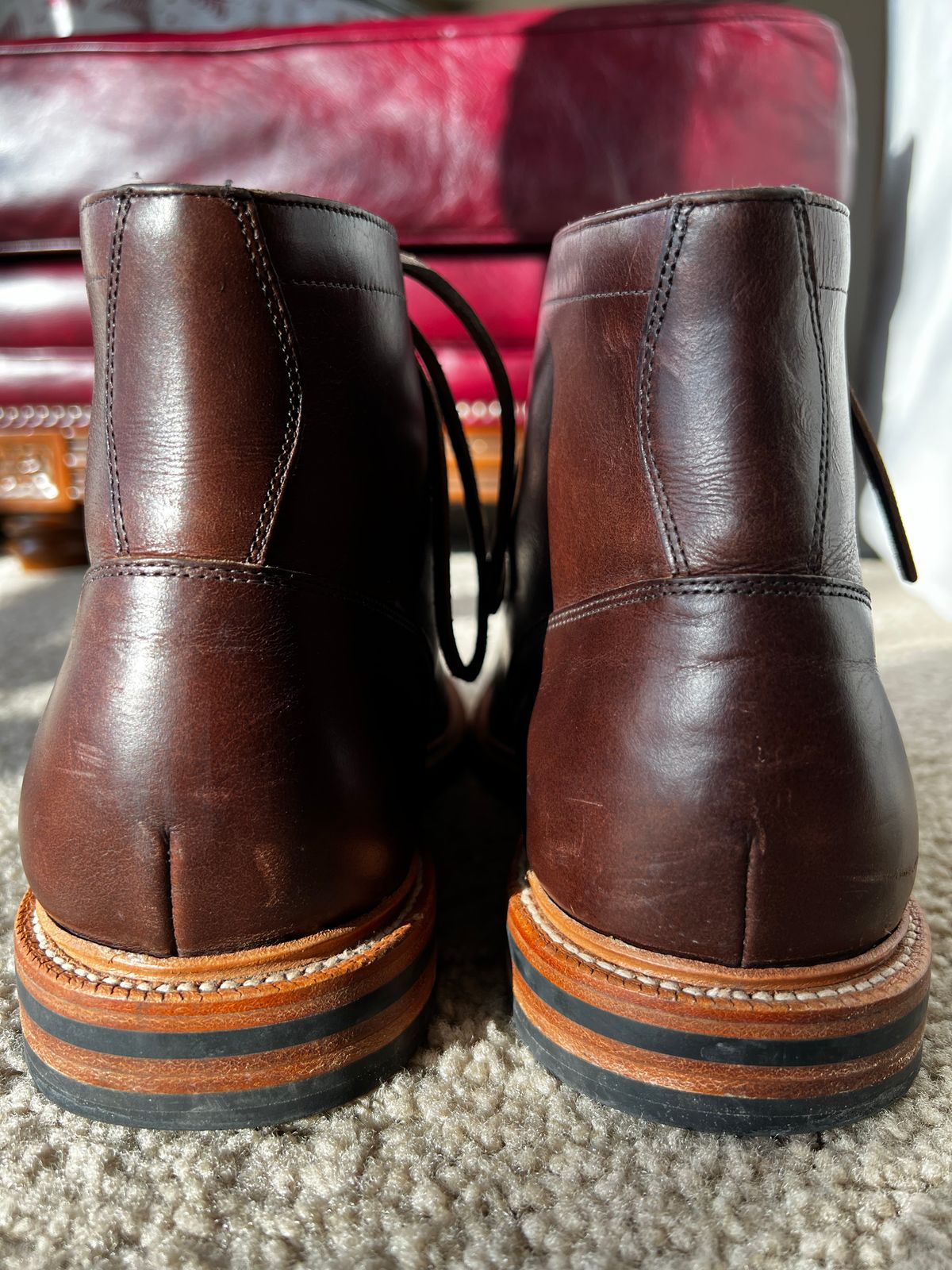 Photo by josiahmayo on December 4, 2022 of the Grant Stone Diesel Boot in Horween Crimson Chromexcel.
