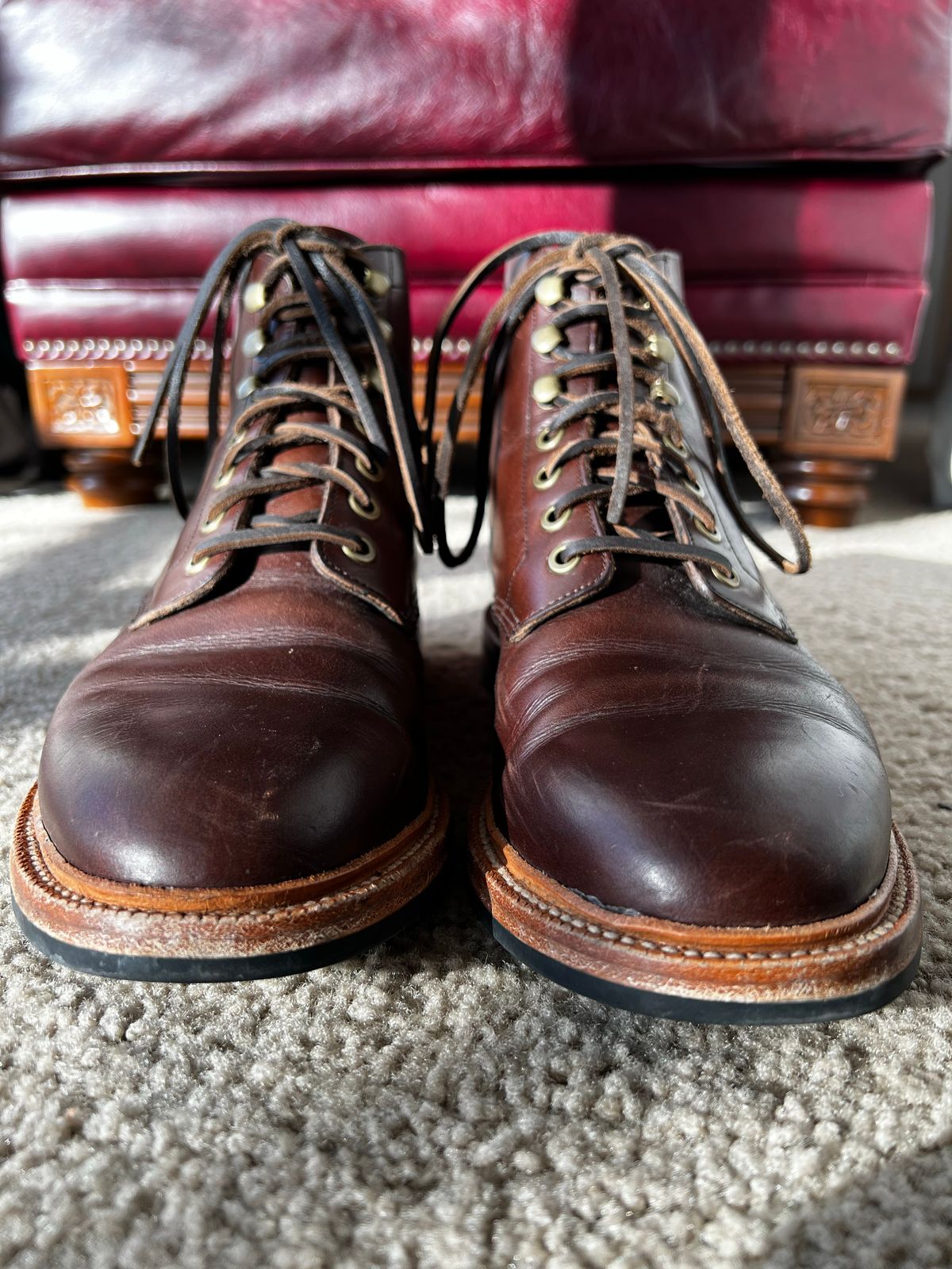 Photo by josiahmayo on December 4, 2022 of the Grant Stone Diesel Boot in Horween Crimson Chromexcel.
