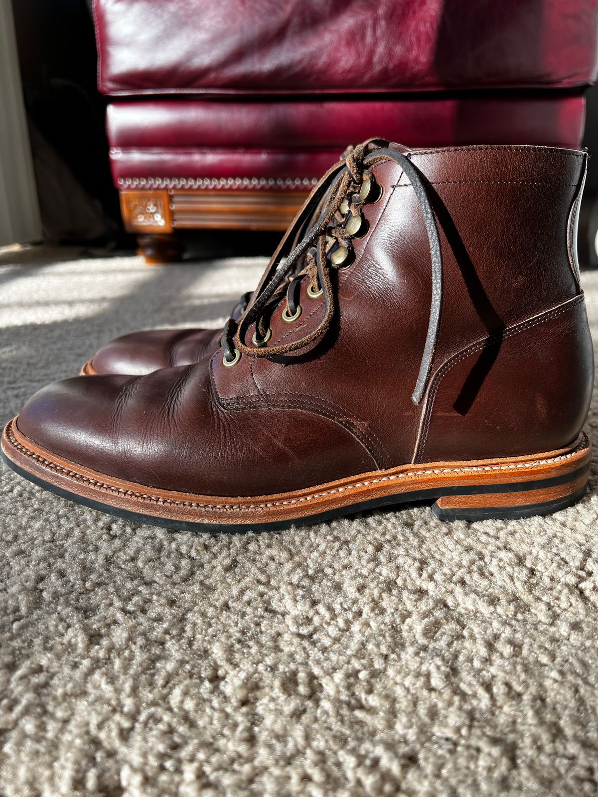 Photo by josiahmayo on December 4, 2022 of the Grant Stone Diesel Boot in Horween Crimson Chromexcel.