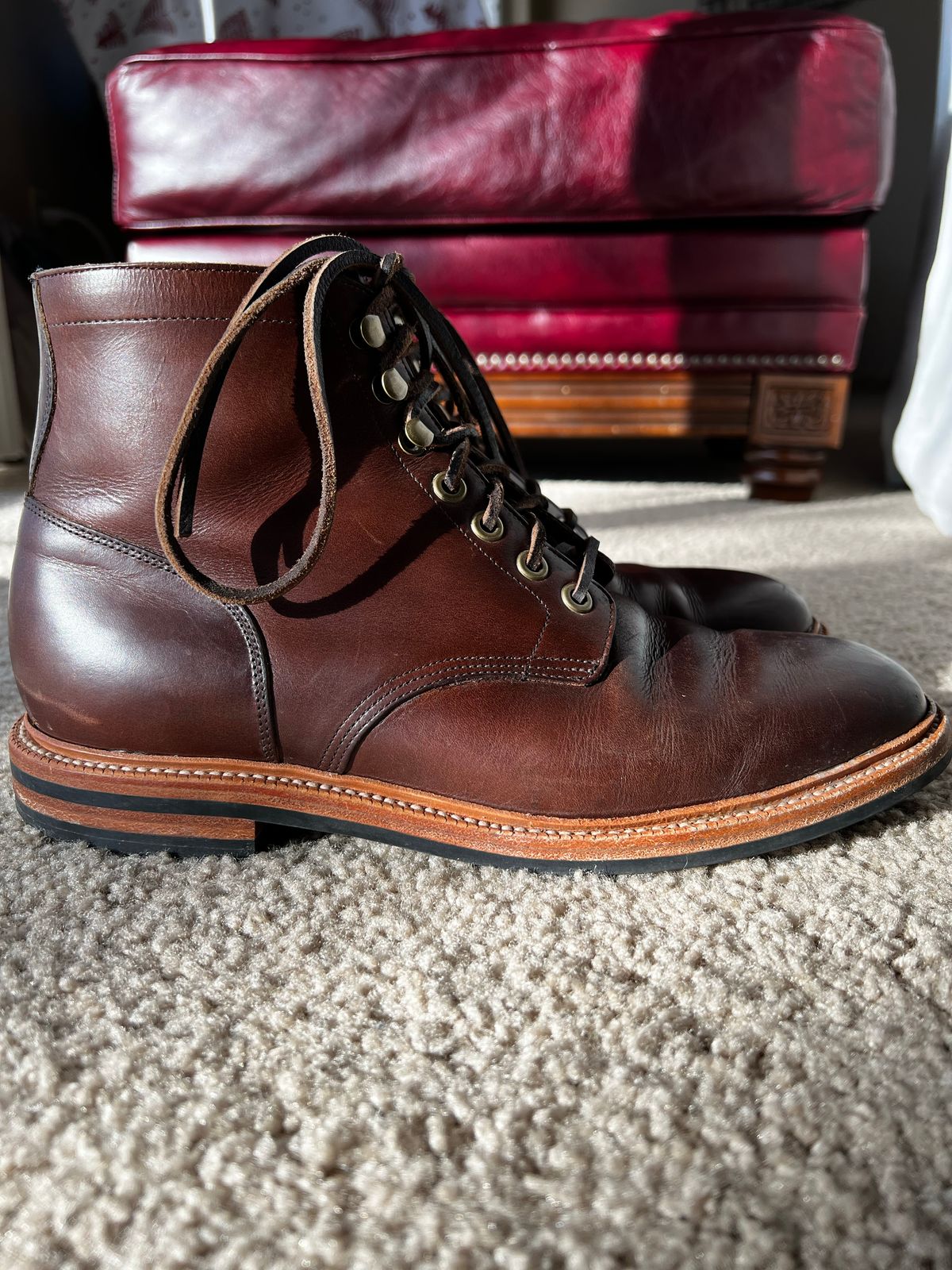 Photo by josiahmayo on December 4, 2022 of the Grant Stone Diesel Boot in Horween Crimson Chromexcel.