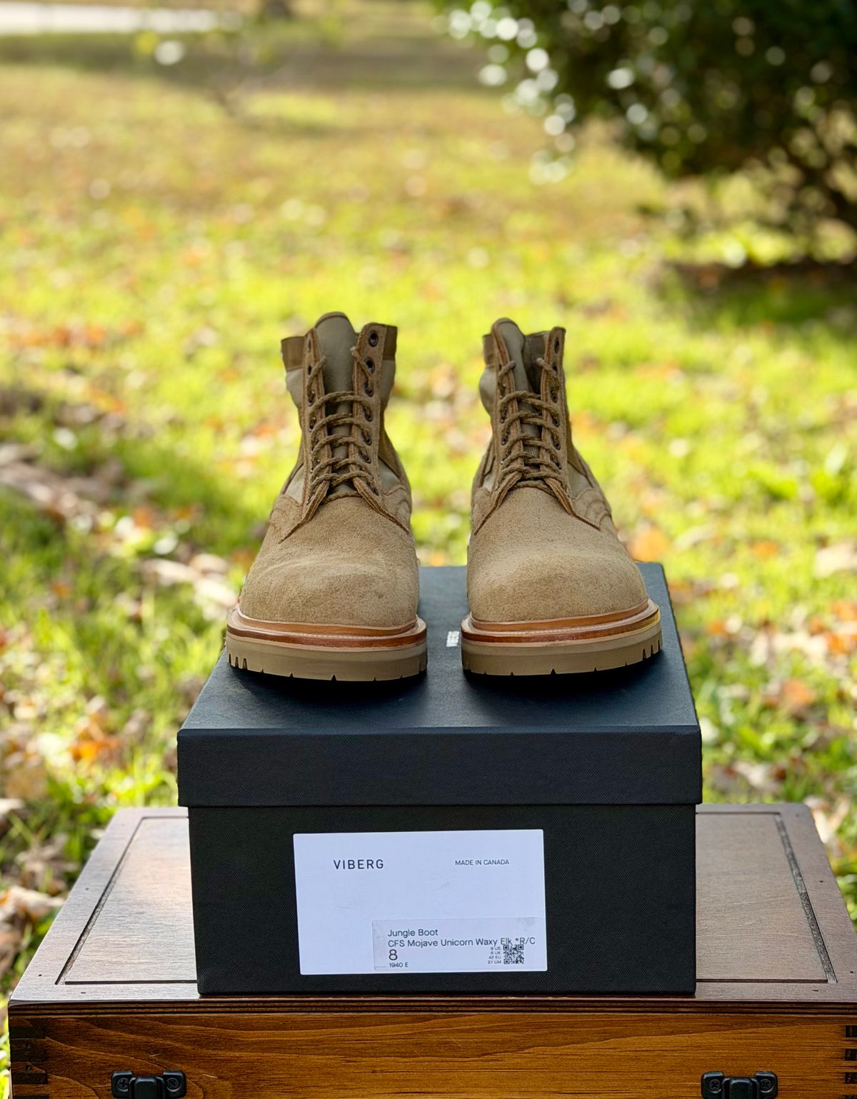 Photo by itsyaboisqueak on December 5, 2025 of the Viberg Jungle Boot V2 in C.F. Stead Waxy Mojave Unicorn Elk RO.