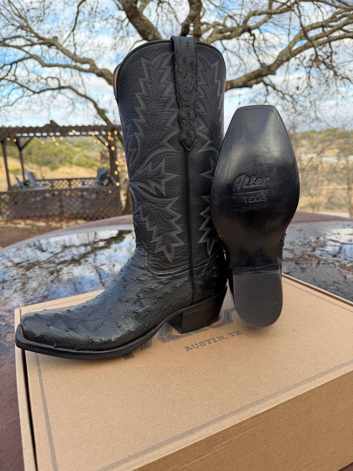 Photo by itsyaboisqueak on February 15, 2026 of the Allen’s Boots Cowboy Boot in Black Full Quill Ostrich.