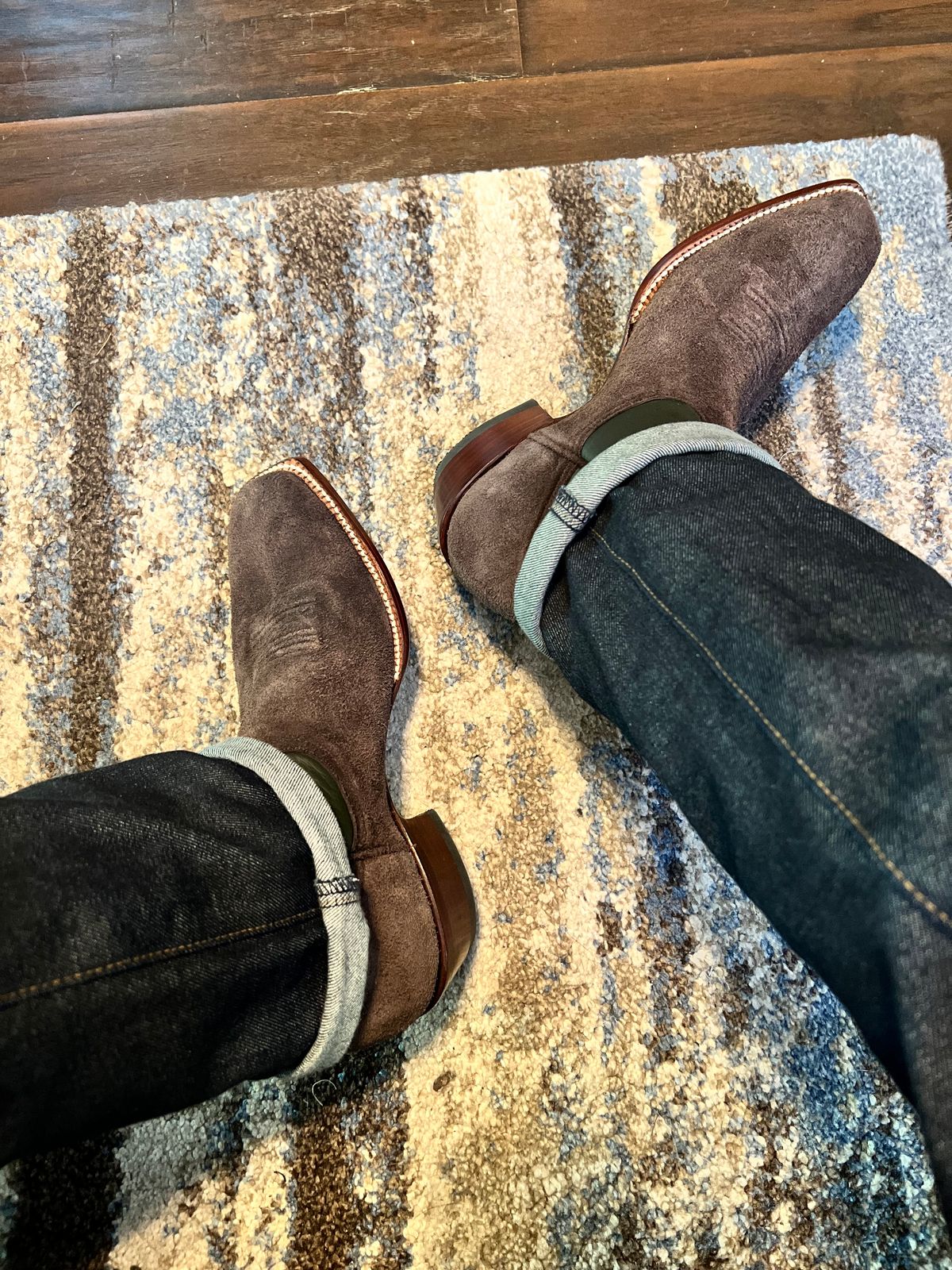 Photo by itsyaboisqueak on July 3, 2024 of the Heritage Boot Co The Real McKay in Chocolate Roughout & Forest Green Calf.