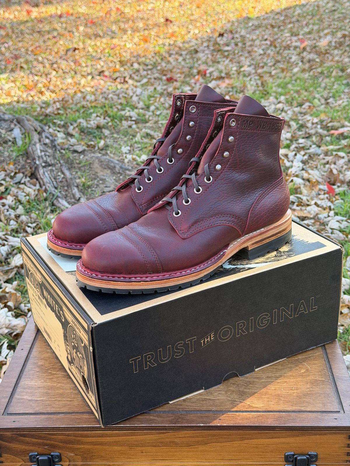 Photo by itsyaboisqueak on December 18, 2025 of the White's MP-Sherman Toe Cap in Gallun Black Cherry Shrunken Calf.