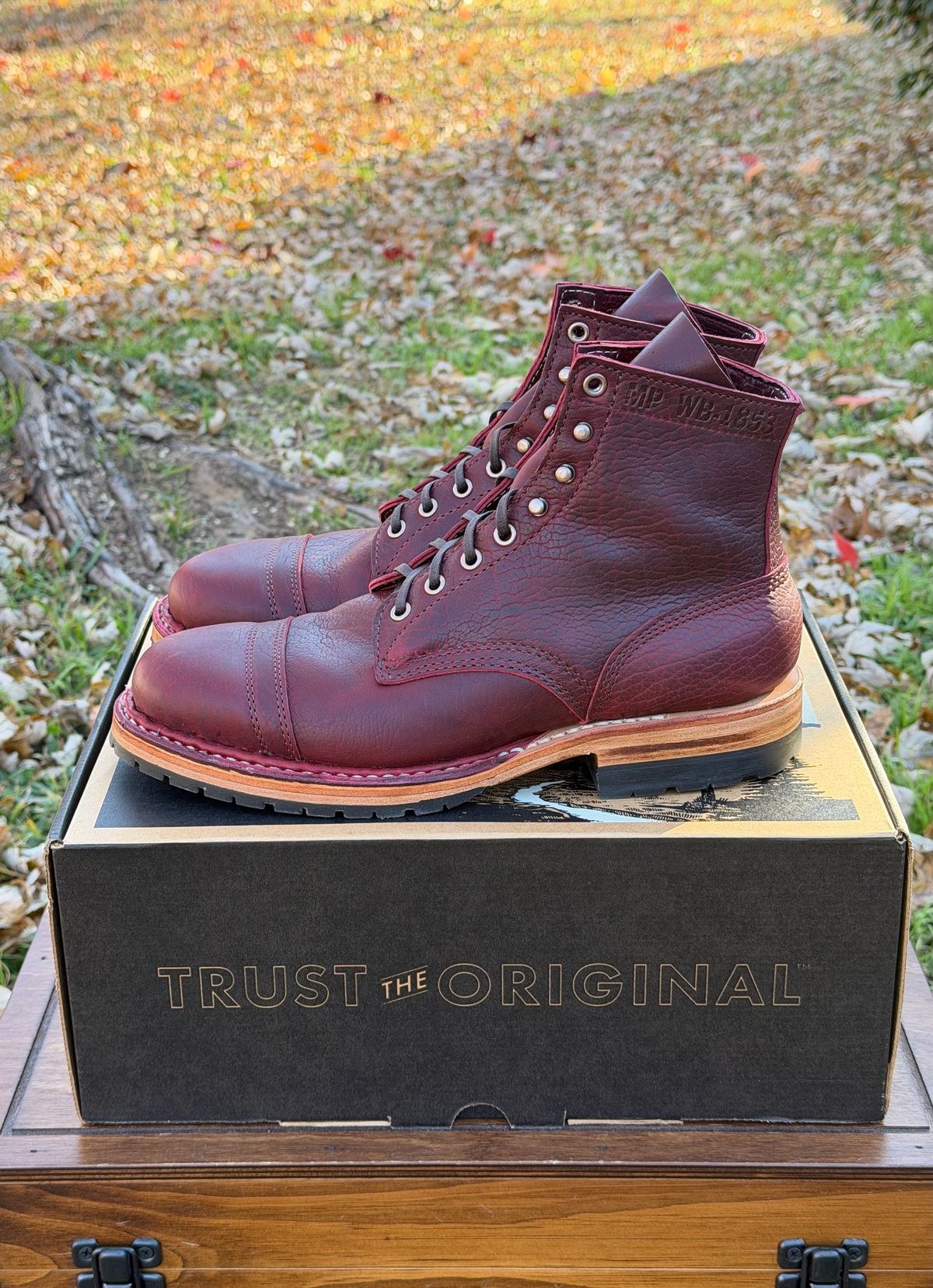 Photo by itsyaboisqueak on December 18, 2025 of the White's MP-Sherman Toe Cap in Gallun Black Cherry Shrunken Calf.