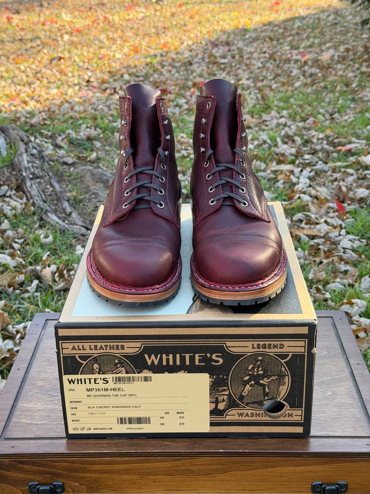 Photo by itsyaboisqueak on December 18, 2025 of the White's MP-Sherman Toe Cap in Gallun Black Cherry Shrunken Calf.