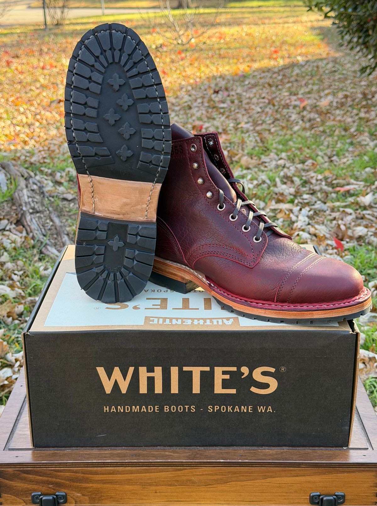 Photo by itsyaboisqueak on December 18, 2025 of the White's MP-Sherman Toe Cap in Gallun Black Cherry Shrunken Calf.