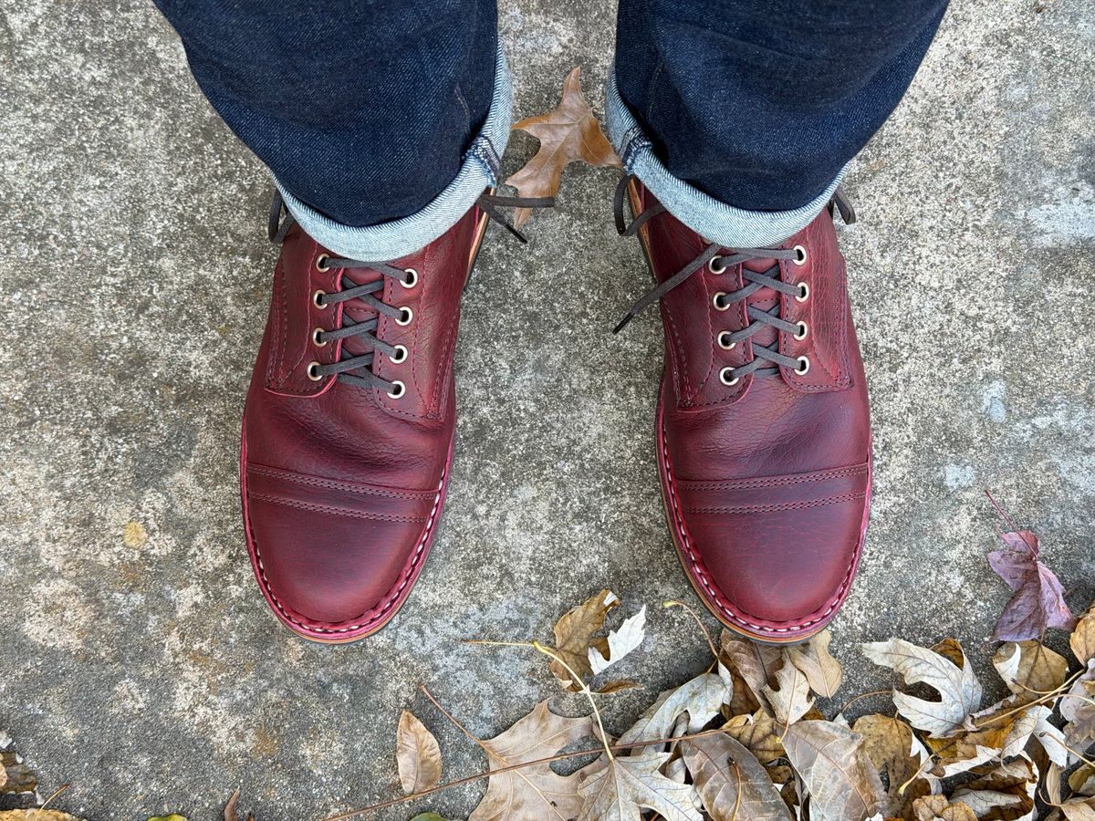 Photo by itsyaboisqueak on December 18, 2025 of the White's MP-Sherman Toe Cap in Gallun Black Cherry Shrunken Calf.