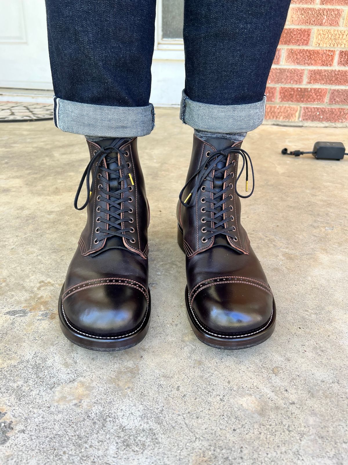 Photo by itsyaboisqueak on March 29, 2025 of the NovaBoots Combat Boot in Guidi Dark Burgundy.