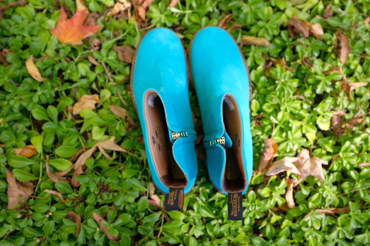 Photo by chromepak.jack on January 1, 2017 of the Rolling Dub Trio Casper Boot in Nakamura Sennosuke Shoten - Turquoise Suede.
