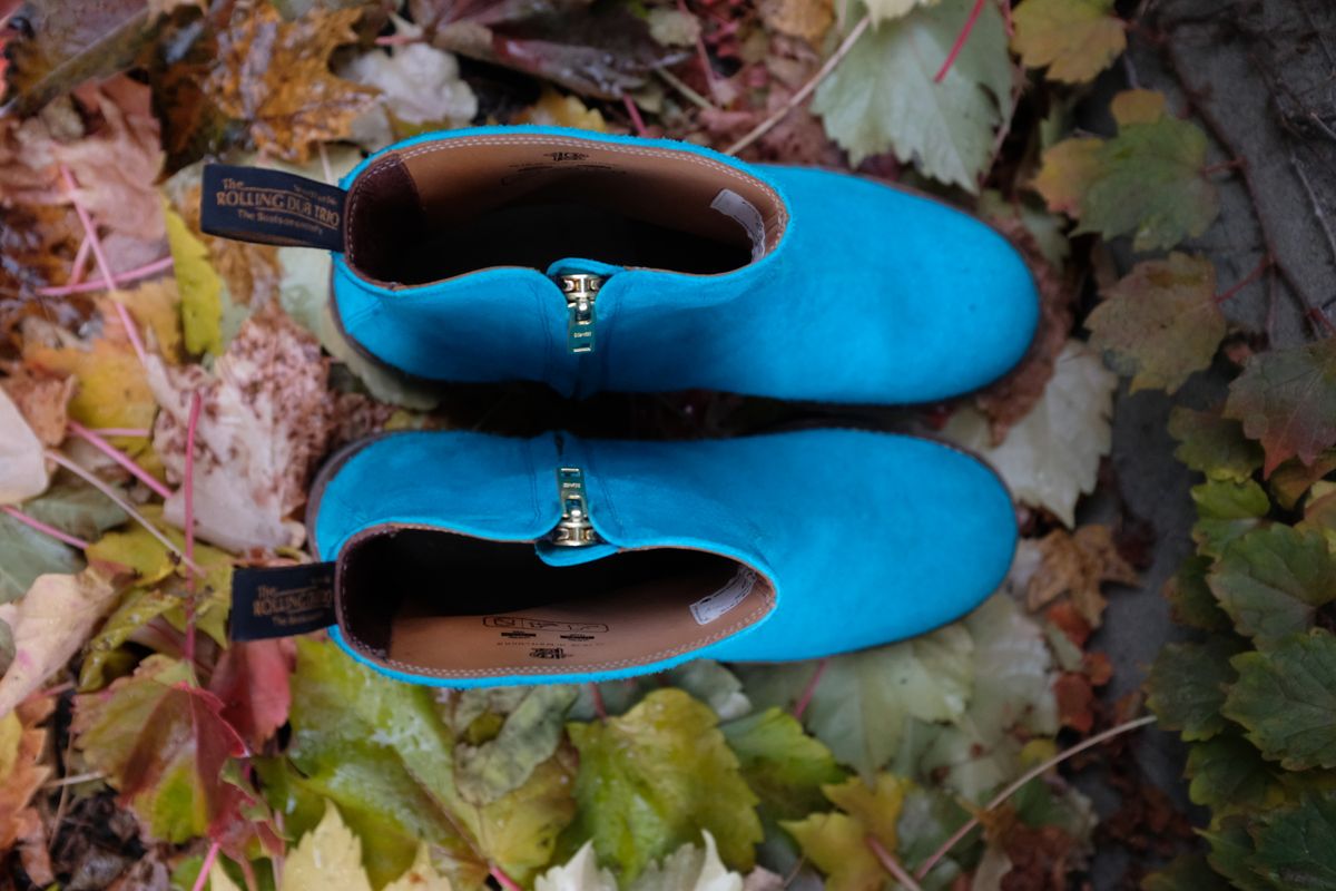 Photo by chromepak.jack on November 1, 2025 of the Rolling Dub Trio Casper Boot in Nakamura Sennosuke Shoten - Turquoise Suede.