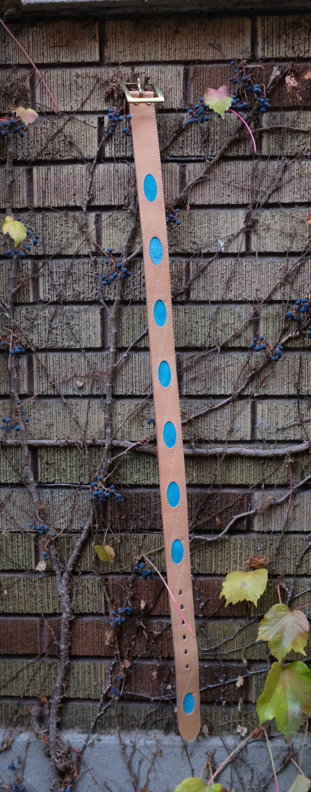 Photo by chromepak.jack on January 1, 2017 of the Self-Made Western Turquoise Inlay Belt in Conceria Walpier Natural Buttero & Modena Suede - Aqua.