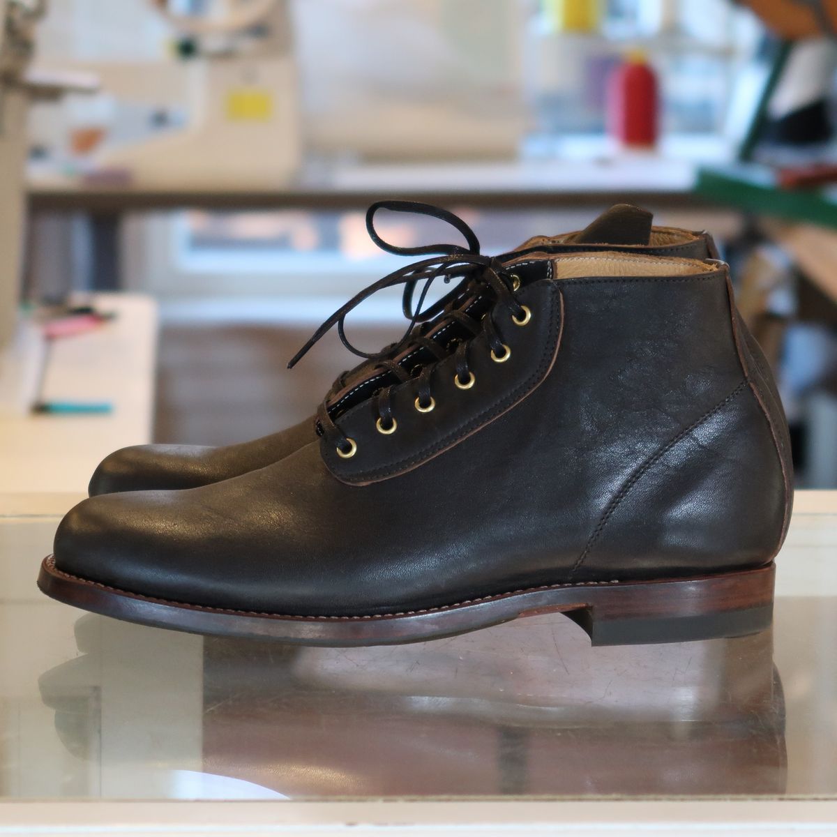 Photo by unsung on October 3, 2023 of the Unsung Prototype in Horween Black Wrangler Horsehide.