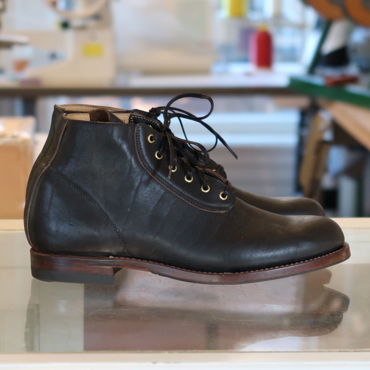 Photo by unsung on October 3, 2023 of the Unsung Prototype in Horween Black Wrangler Horsehide.
