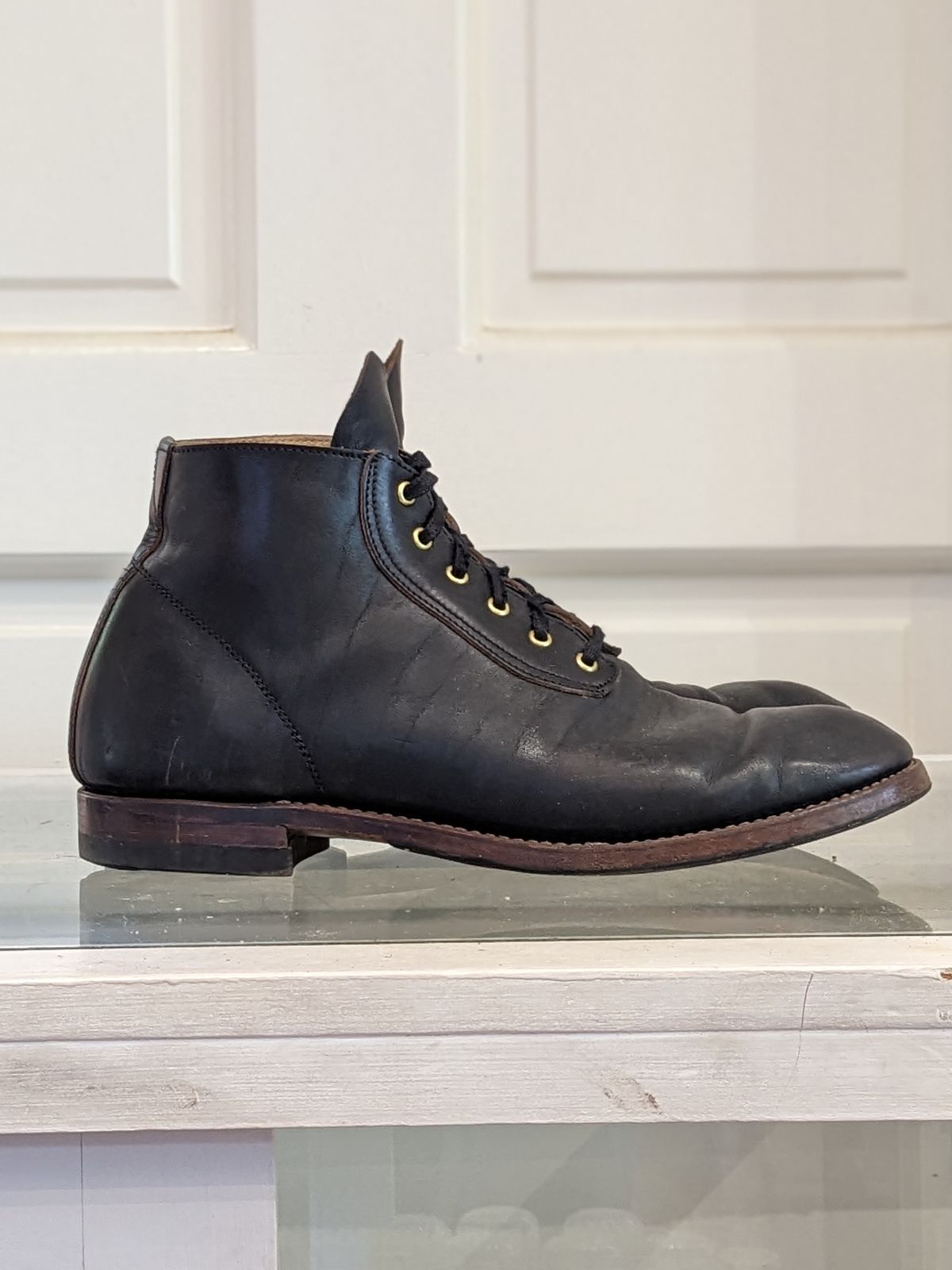 Photo by unsung on November 1, 2023 of the Unsung Prototype in Horween Black Wrangler Horsehide.