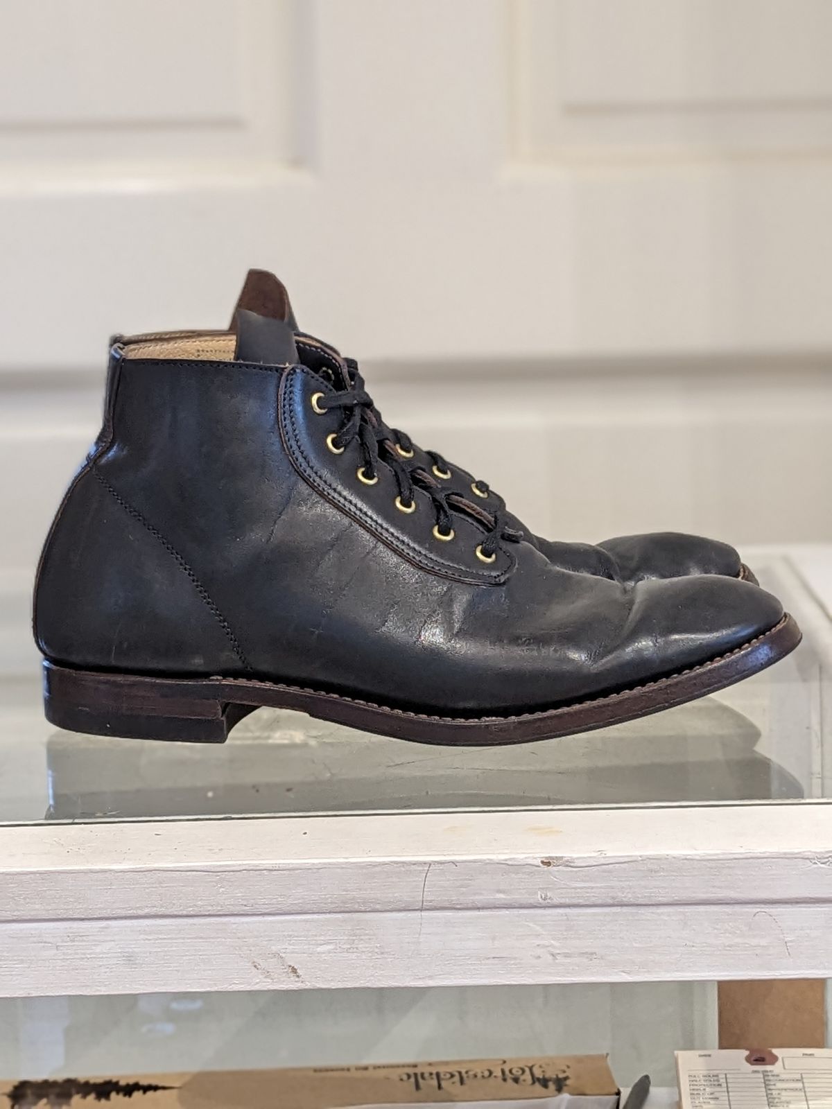 Photo by unsung on December 2, 2023 of the Unsung Prototype in Horween Black Wrangler Horsehide.