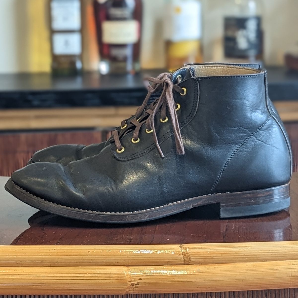 Photo by unsung on March 2, 2024 of the Unsung Prototype in Horween Black Wrangler Horsehide.