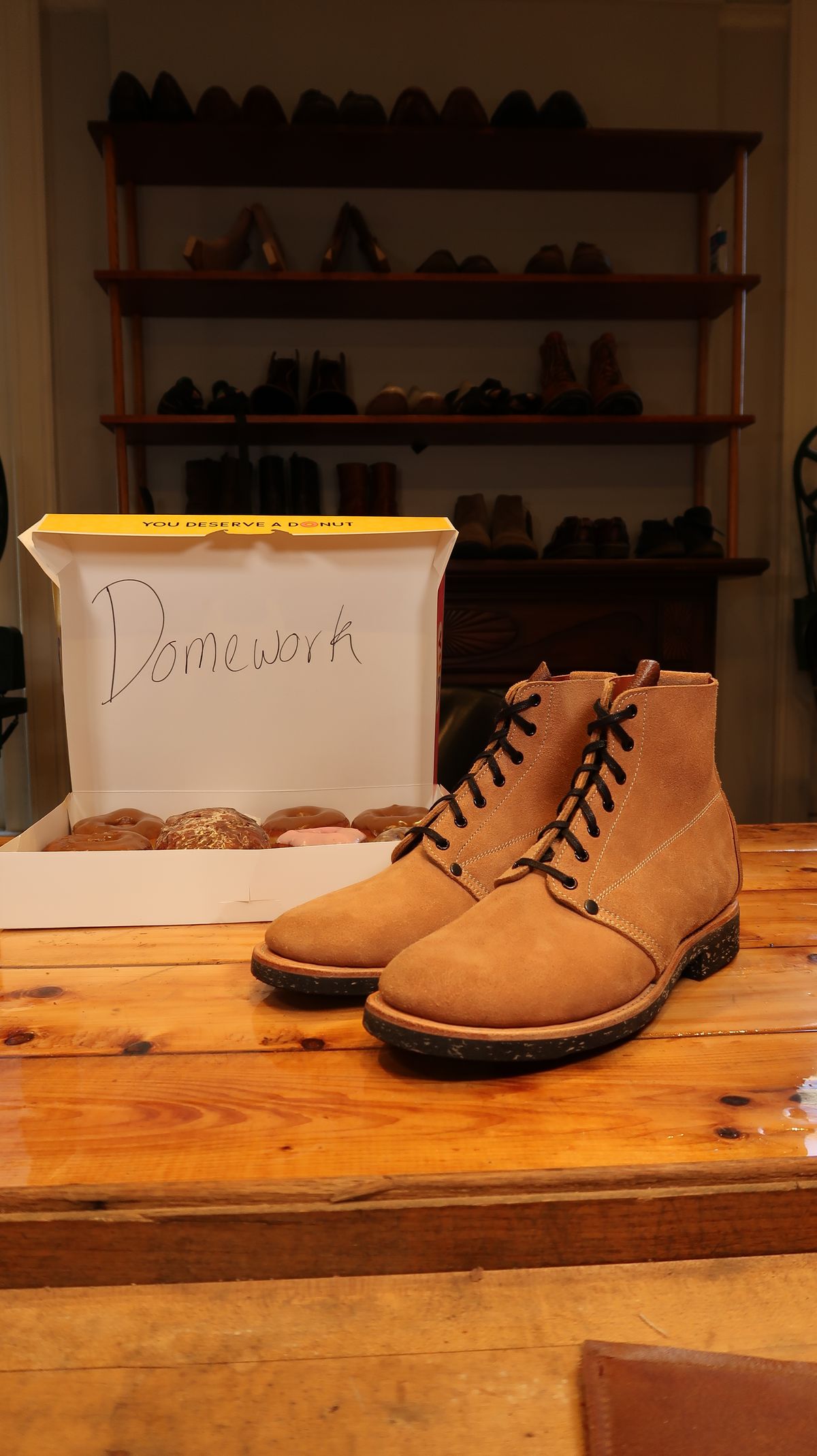 Photo by unsung on October 1, 2022 of the Unsung U 22-1 Slog Boot in Horween English Tan Dublin Roughout.