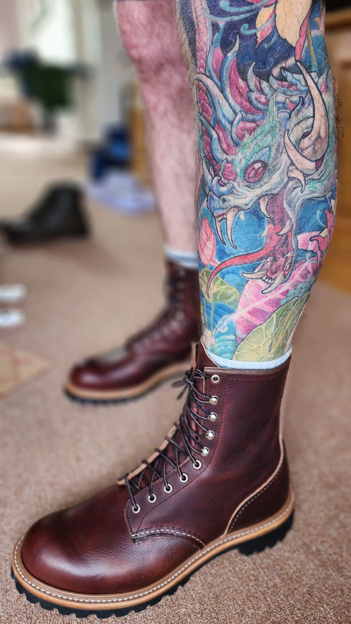 Photo by Littlewood555 on November 2, 2025 of the Red Wing 4585 120th Anniversary Logger Boot Briar Oil Slick in S.B. Foot Briar Oil Slick.