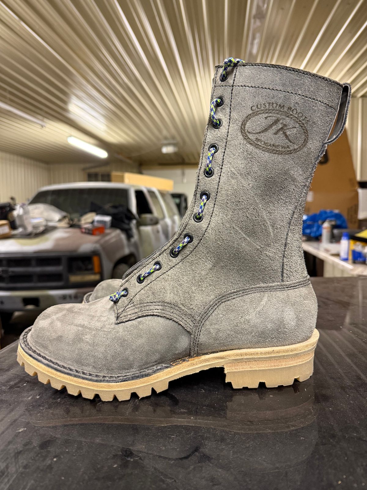 Photo by chadthebootguy on October 6, 2025 of the JK Boots Super Station Boot in JK 8oz Grey roughout.