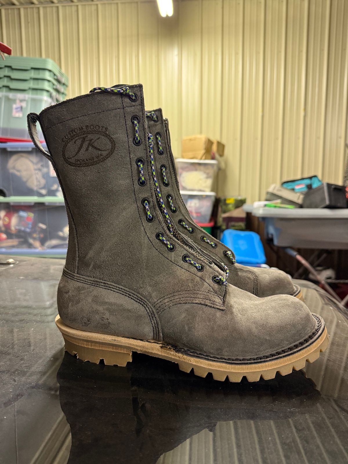 Photo by chadthebootguy on October 6, 2025 of the JK Boots Super Station Boot in JK 8oz Grey roughout.