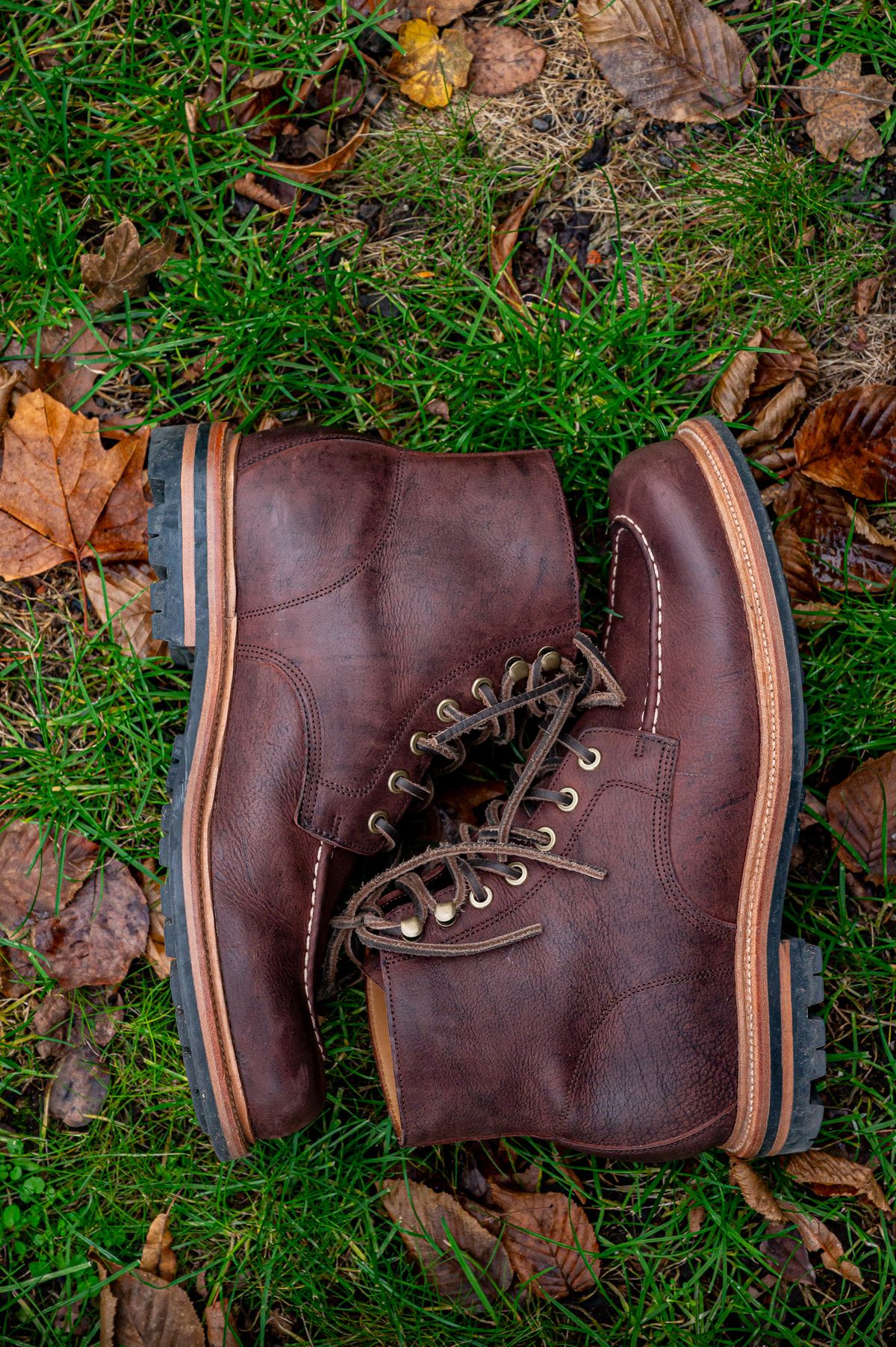 Photo by bootsthrumylens on December 3, 2025 of the Grant Stone Brass Boot in C.F. Stead Dark Burgundy Classic Kudu.
