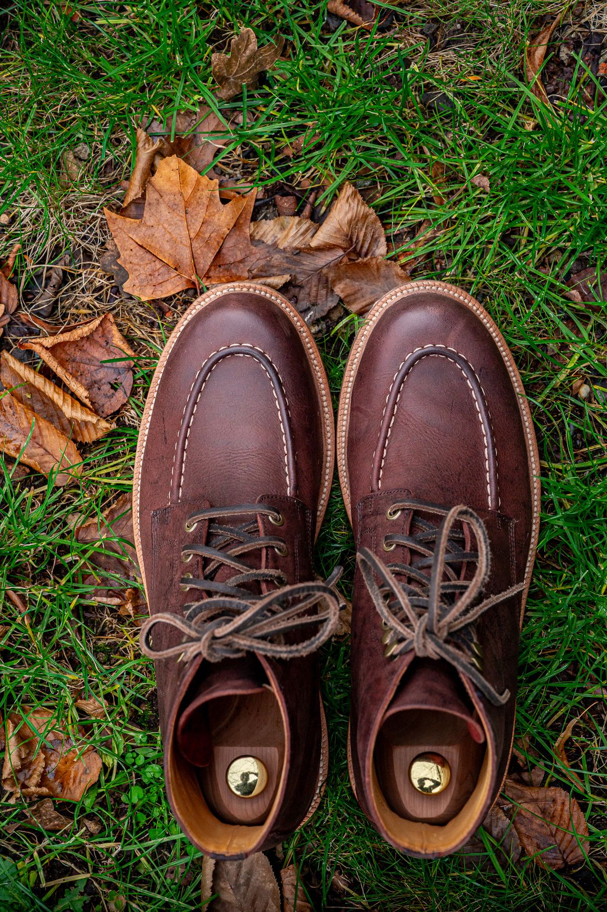 Photo by bootsthrumylens on December 3, 2025 of the Grant Stone Brass Boot in C.F. Stead Dark Burgundy Classic Kudu.