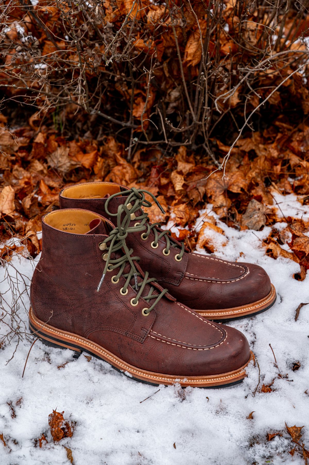 Photo by bootsthrumylens on January 4, 2026 of the Grant Stone Brass Boot in C.F. Stead Dark Burgundy Classic Kudu.
