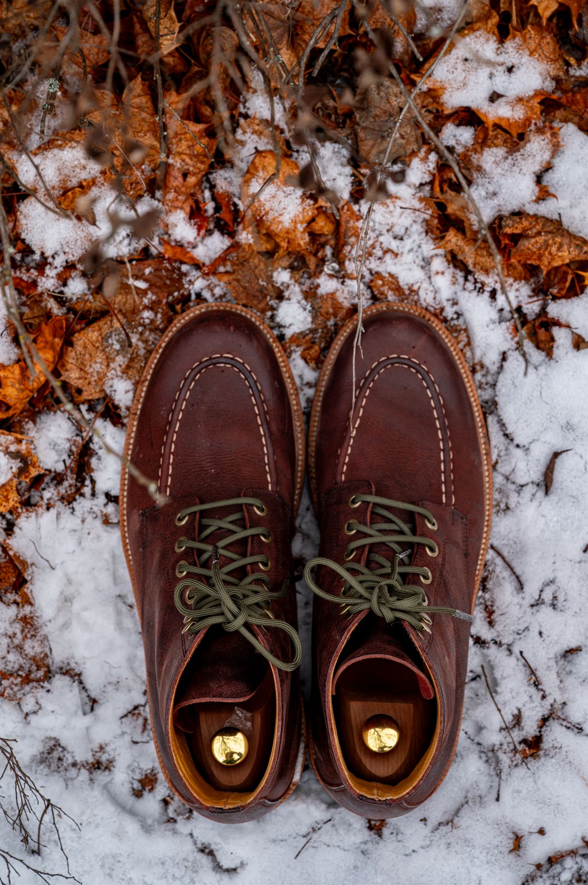 Photo by bootsthrumylens on January 4, 2026 of the Grant Stone Brass Boot in C.F. Stead Dark Burgundy Classic Kudu.
