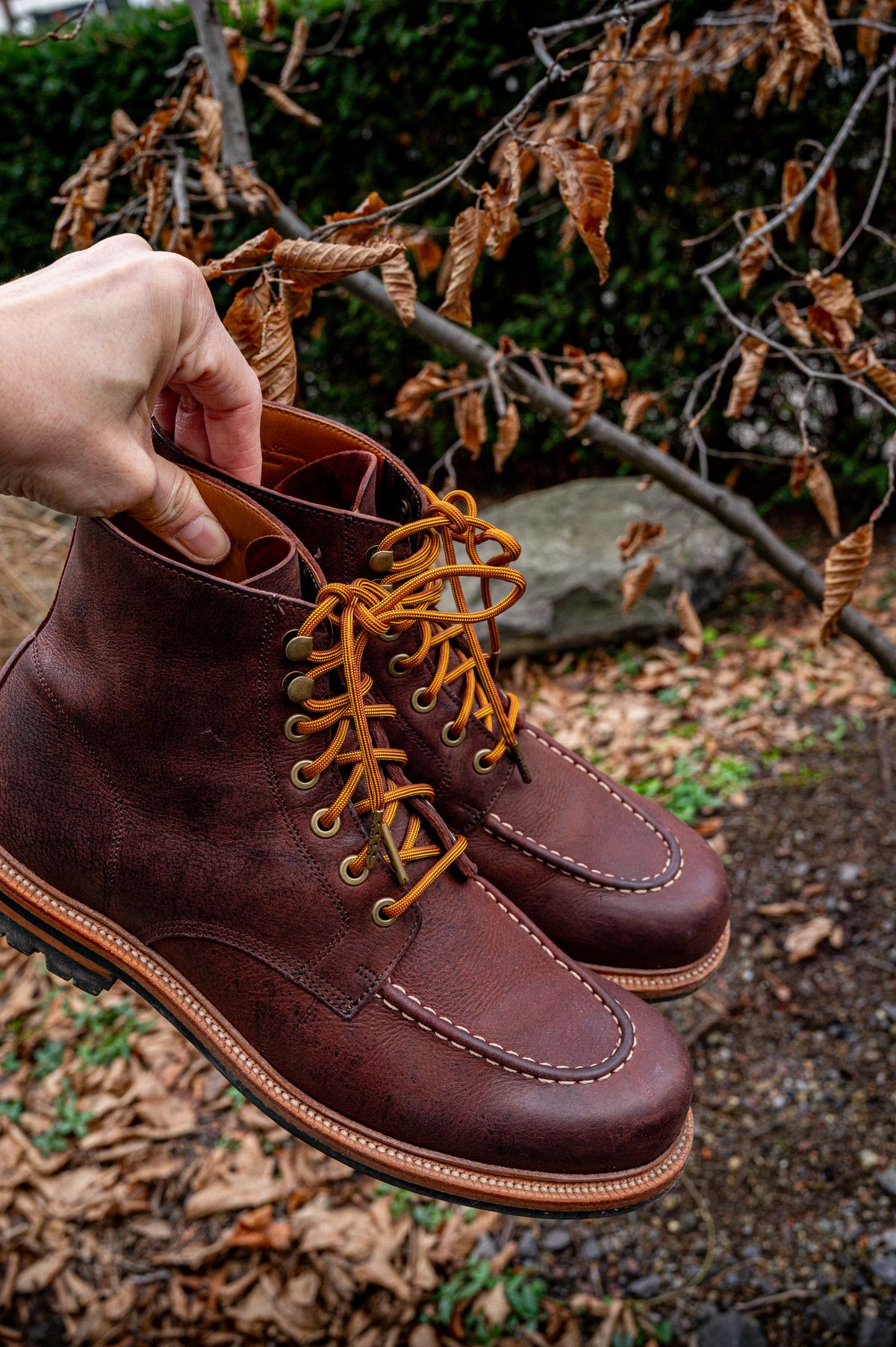 Photo by bootsthrumylens on February 1, 2026 of the Grant Stone Brass Boot in C.F. Stead Dark Burgundy Classic Kudu.