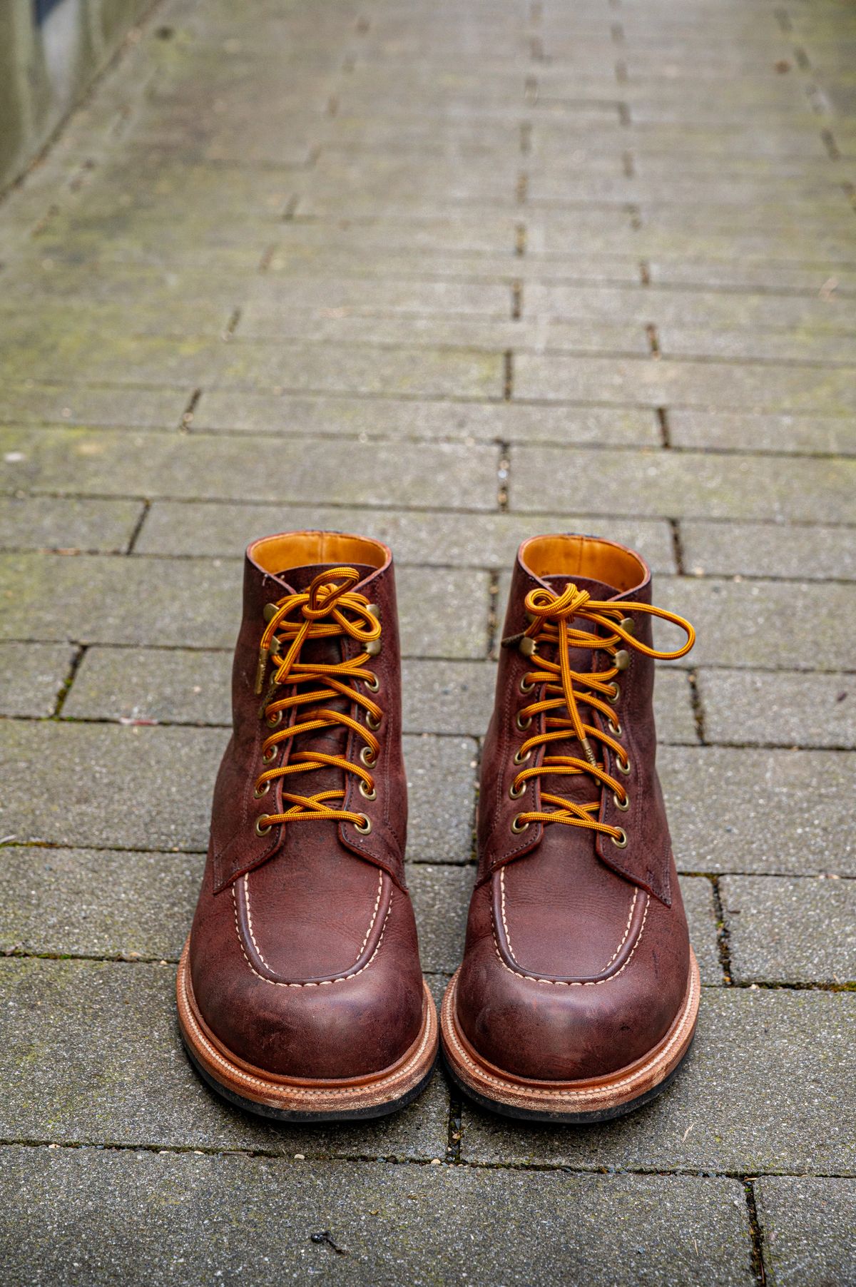 Photo by bootsthrumylens on March 1, 2026 of the Grant Stone Brass Boot in C.F. Stead Dark Burgundy Classic Kudu.