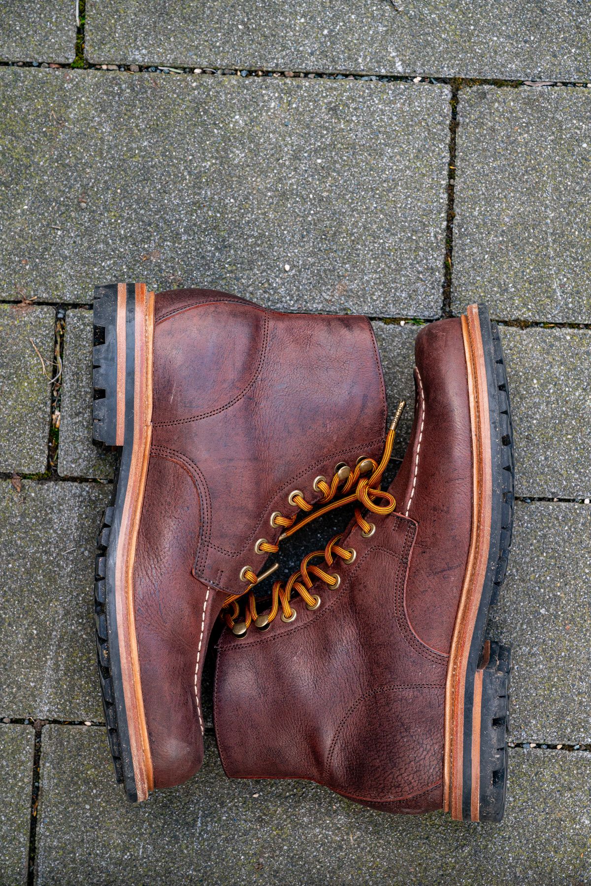 Photo by bootsthrumylens on March 1, 2026 of the Grant Stone Brass Boot in C.F. Stead Dark Burgundy Classic Kudu.