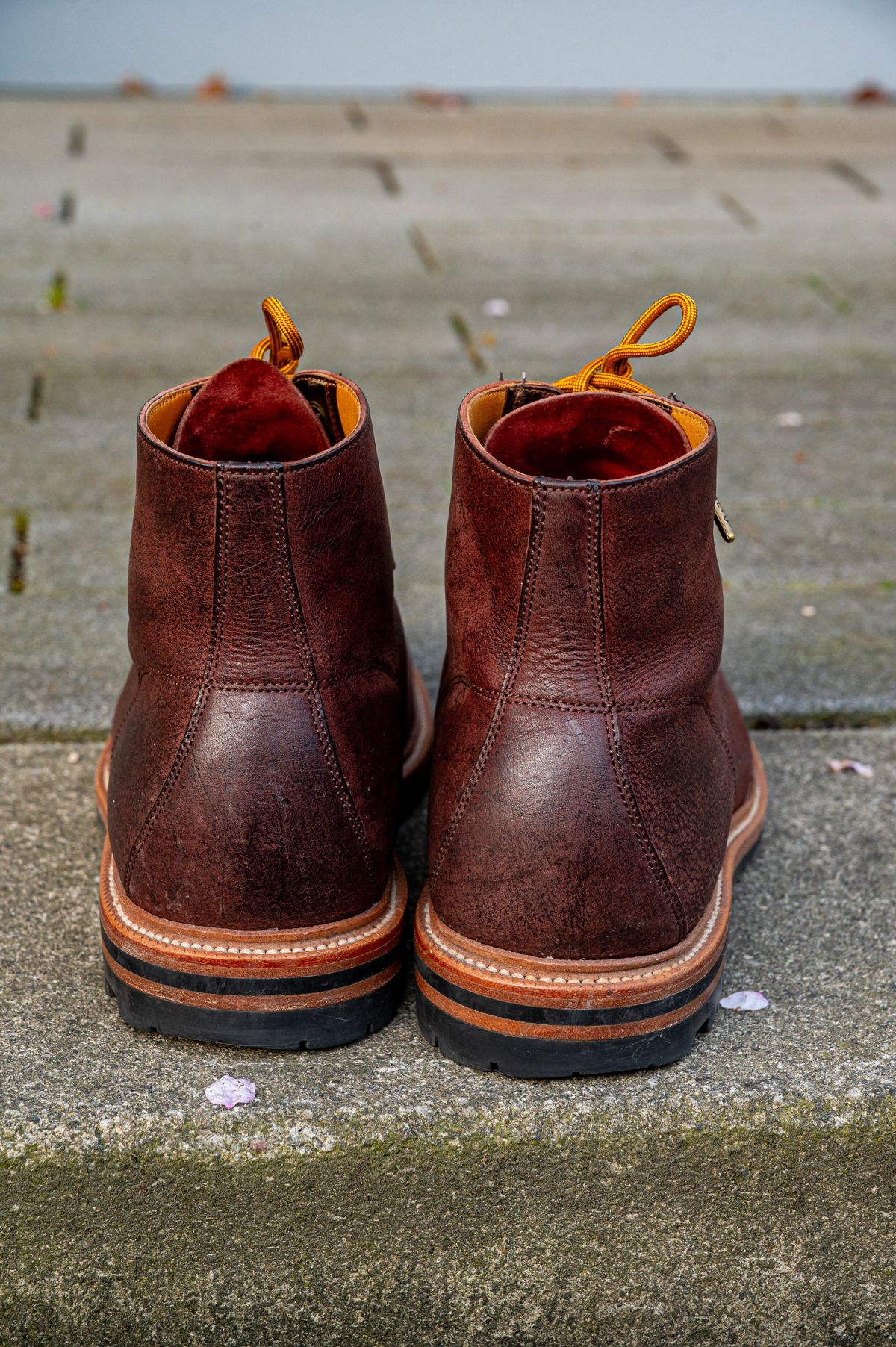 Photo by bootsthrumylens on April 2, 2026 of the Grant Stone Brass Boot in C.F. Stead Dark Burgundy Classic Kudu.