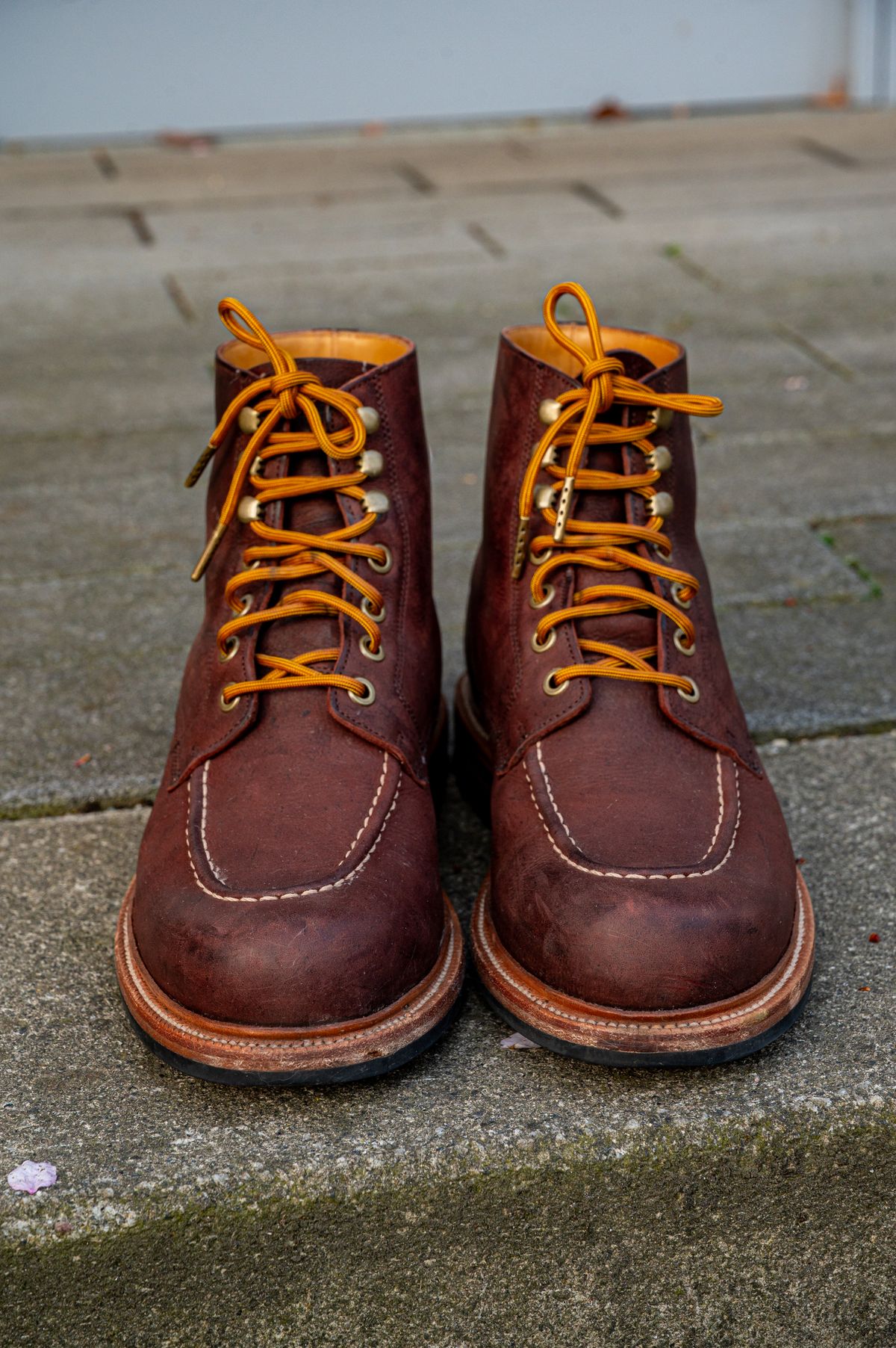 Photo by bootsthrumylens on April 2, 2026 of the Grant Stone Brass Boot in C.F. Stead Dark Burgundy Classic Kudu.