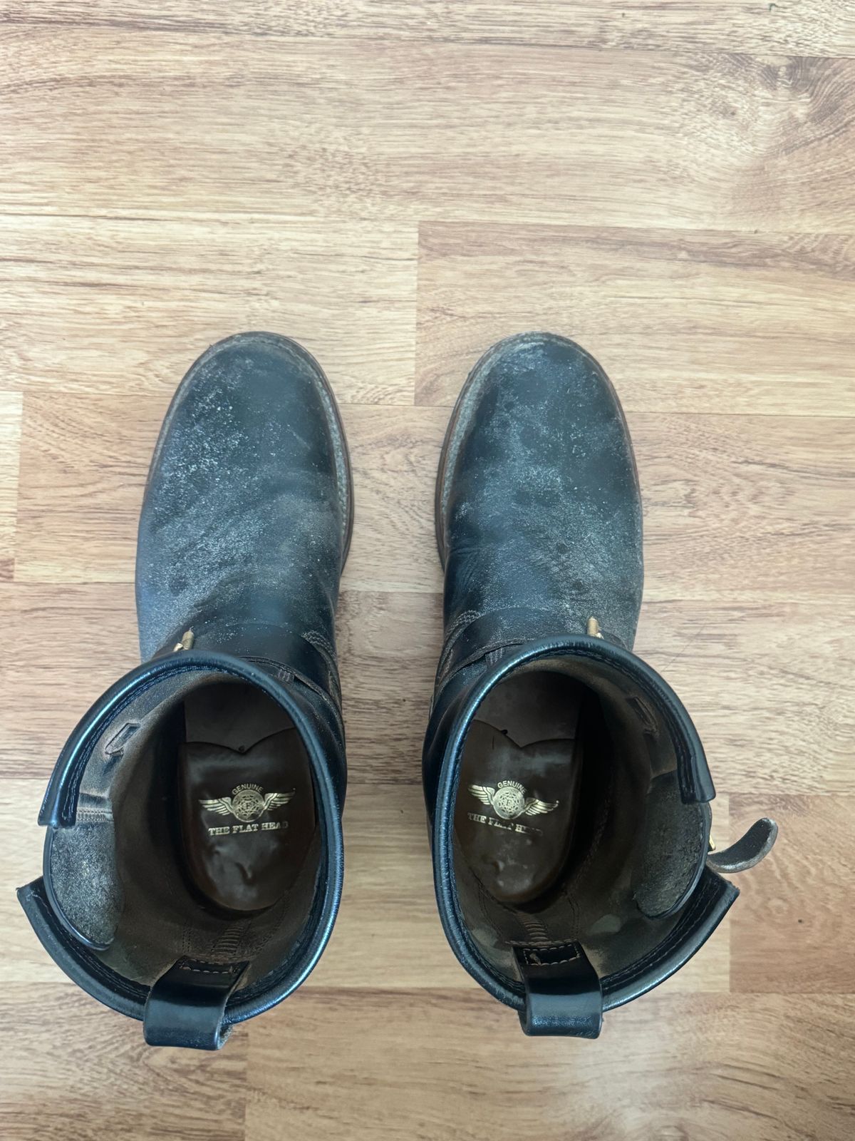 Photo by jimtigerbelly on February 5, 2024 of the The Flat Head Engineer Boots in Black Japanese Cordovan Horsehide.